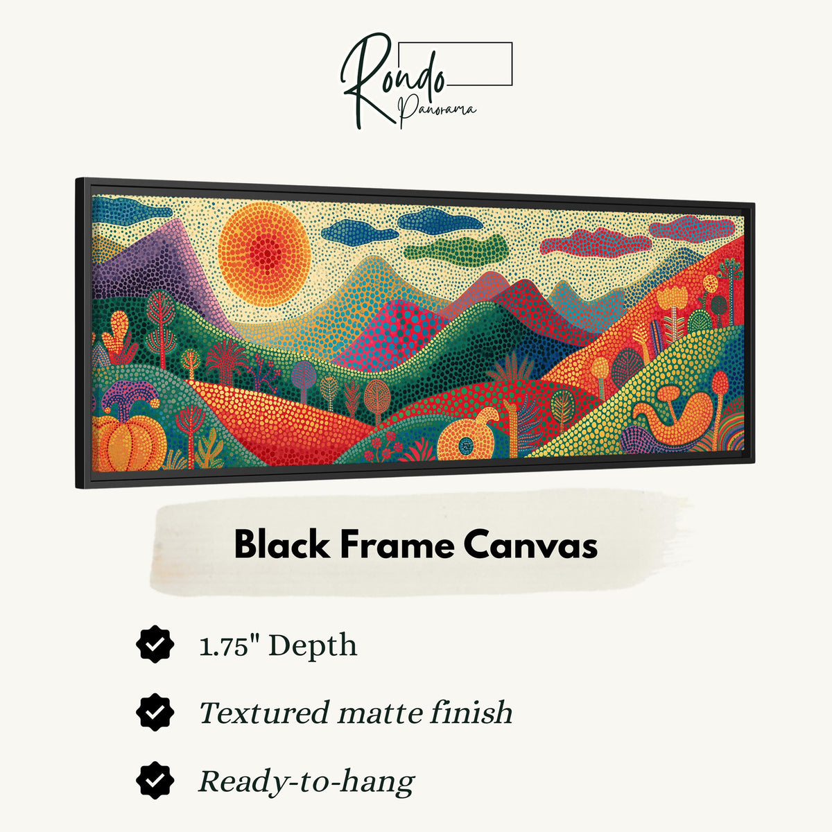 Dotted mountains under a sunburst canvas print in a black floating frame