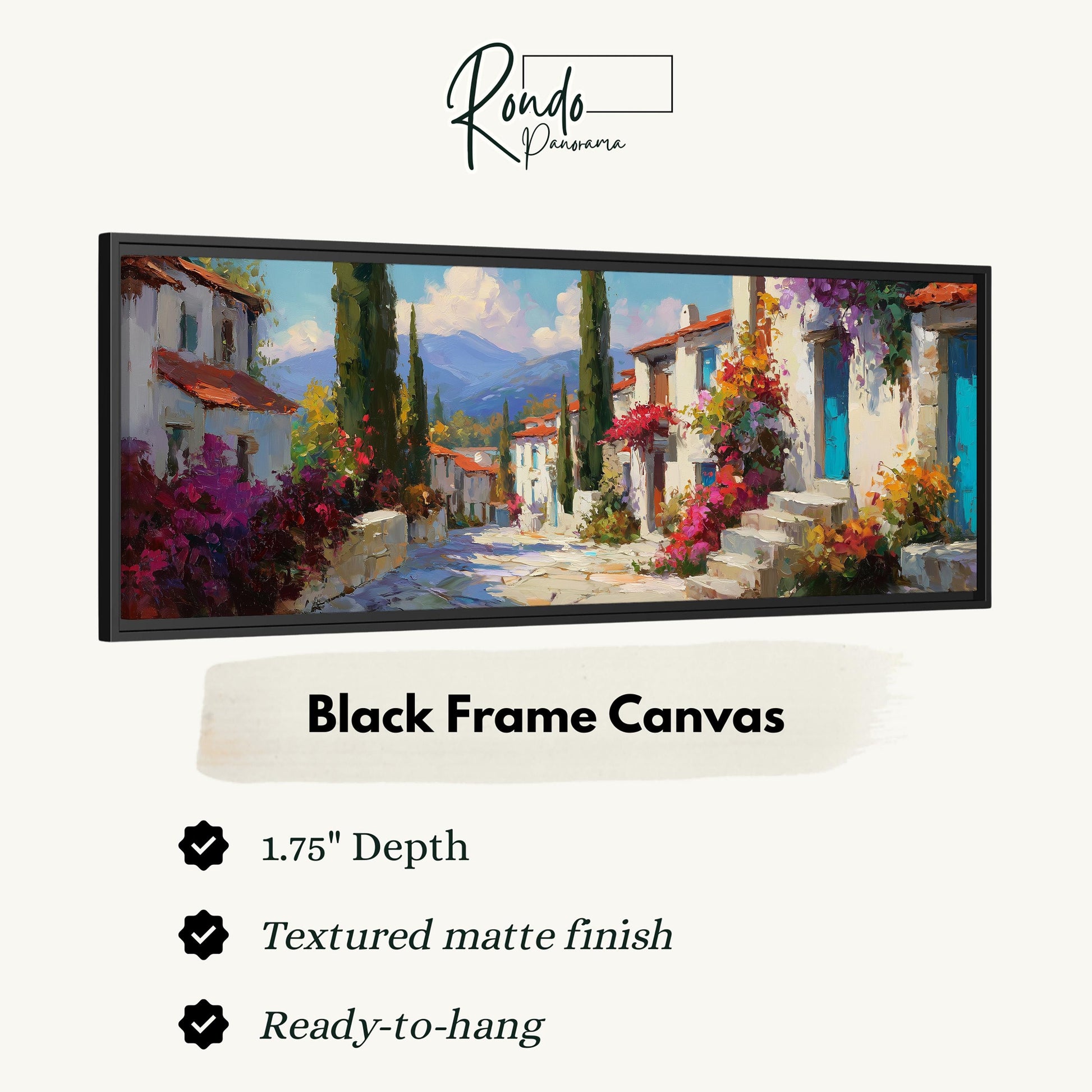 The image is a black frame canvas depicting a picturesque village scene with colorful buildings, flowers, and a winding road.