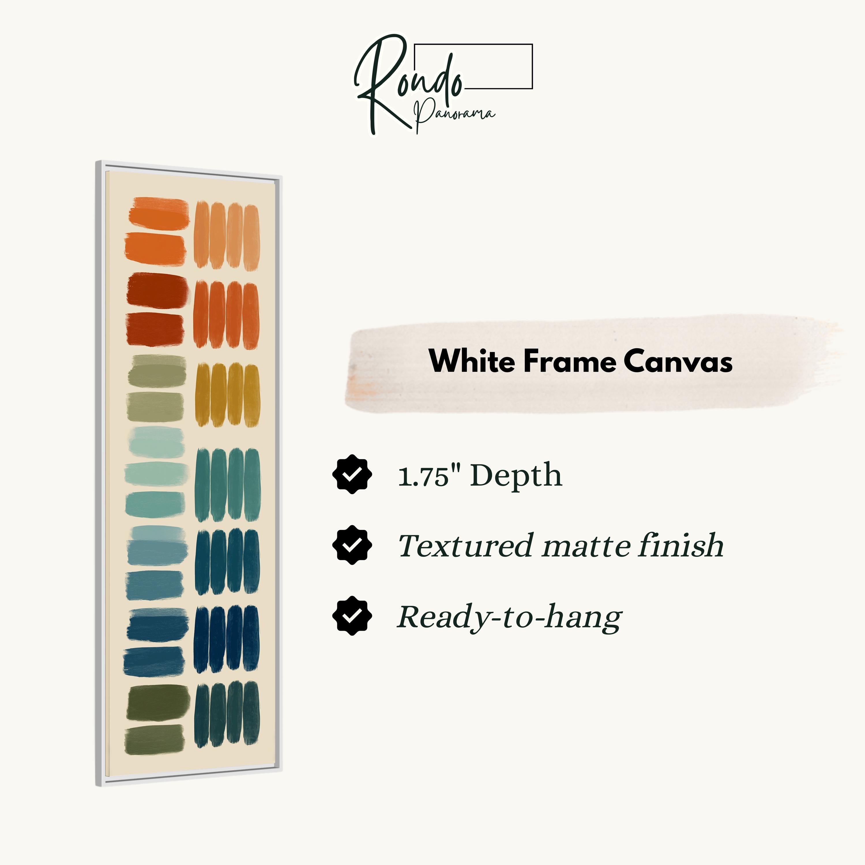 The image is a product description for a white frame canvas. It features a vertical arrangement of various colored paint strokes, ranging from green to orange, and is described as having a 1.75" depth, a textured matte finish, and being ready to hang.