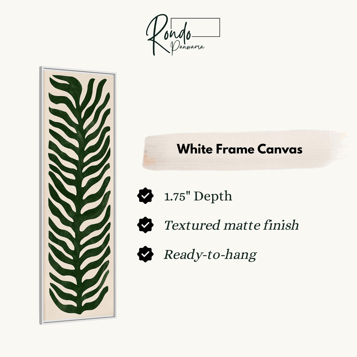 Stylized dark green fern leaf canvas print in a white floating frame