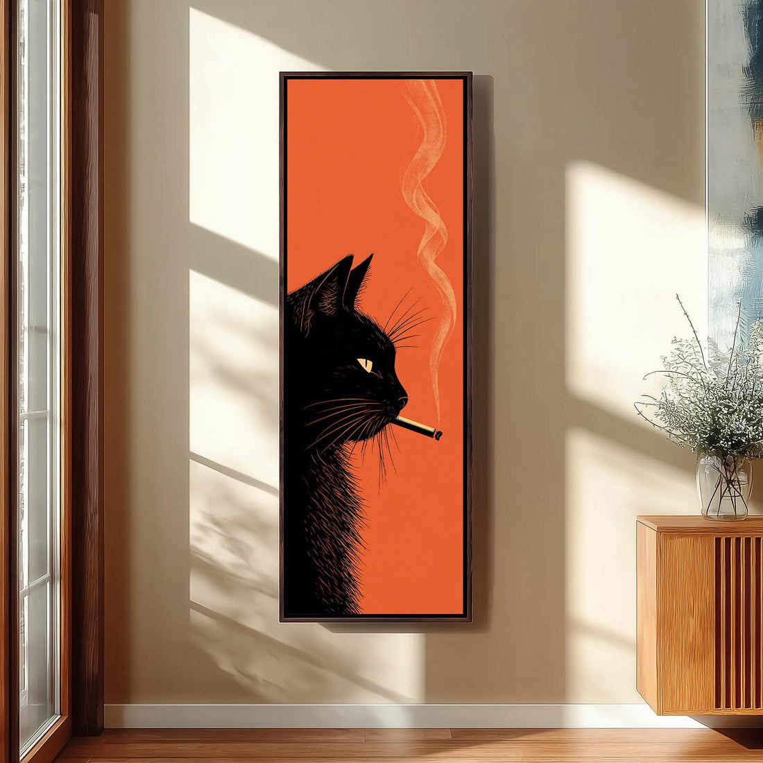 Black cat smoking on orange long vertical canvas print in a sunlit living space