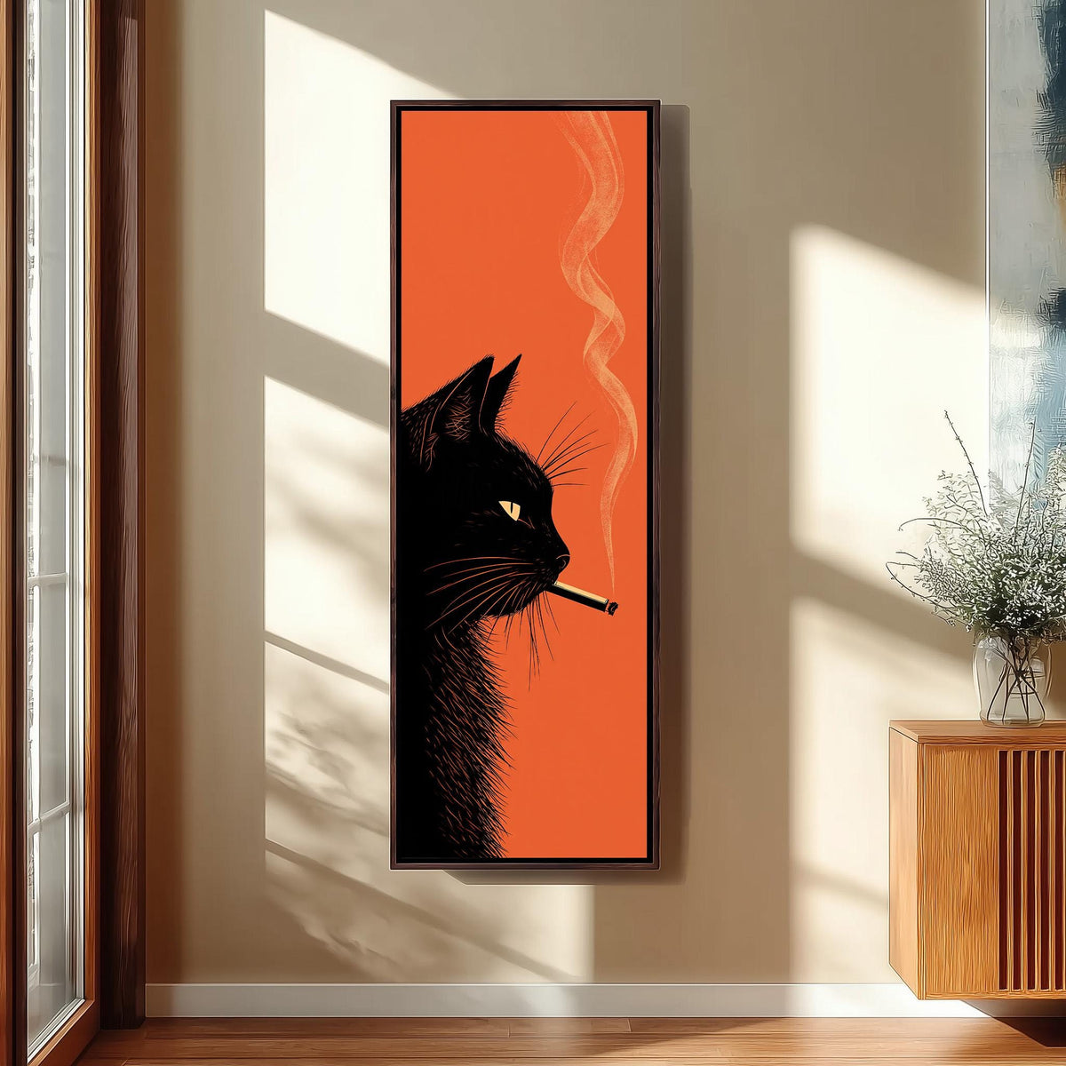 Black cat smoking on orange long vertical canvas print in a sunlit living space