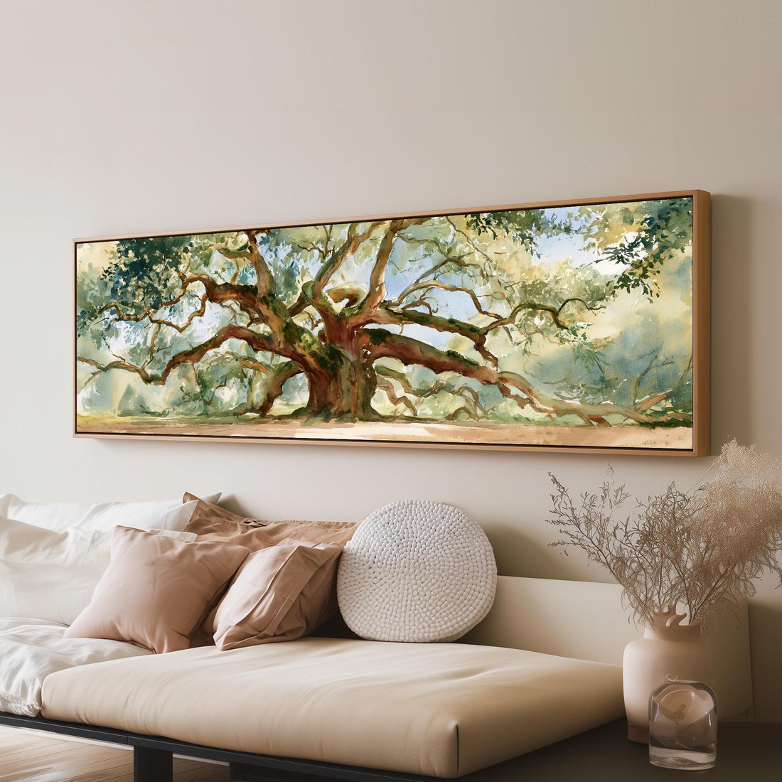 Sprawling southern live oak long horizontal canvas print above a sofa in a living room