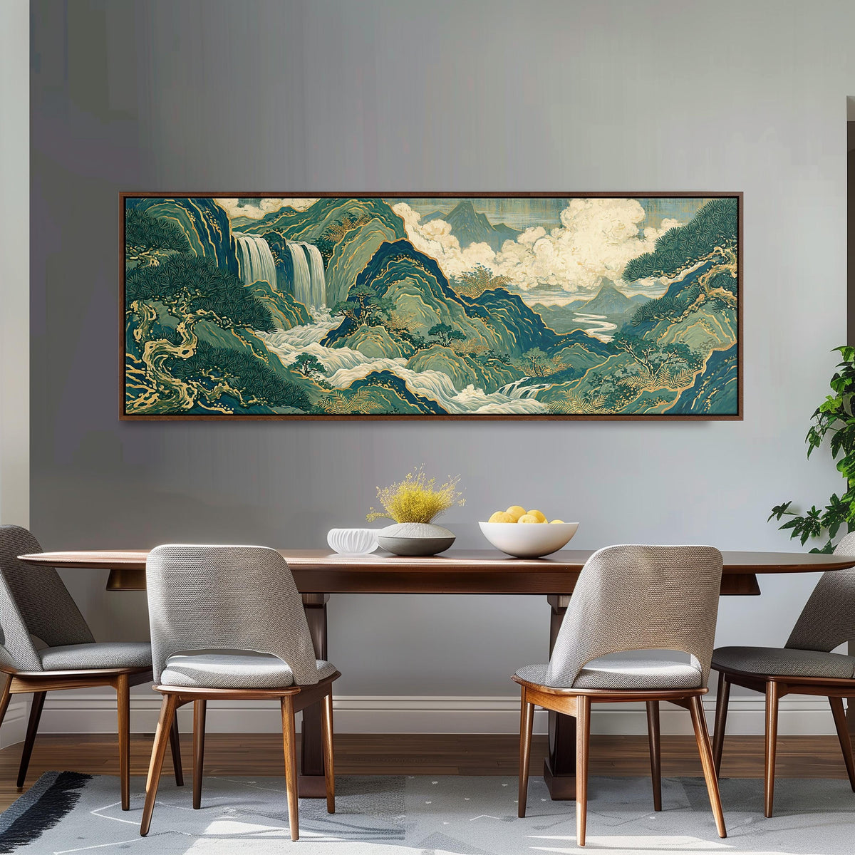 Emerald waterfall mountains with gold lines long horizontal canvas print above a dining table