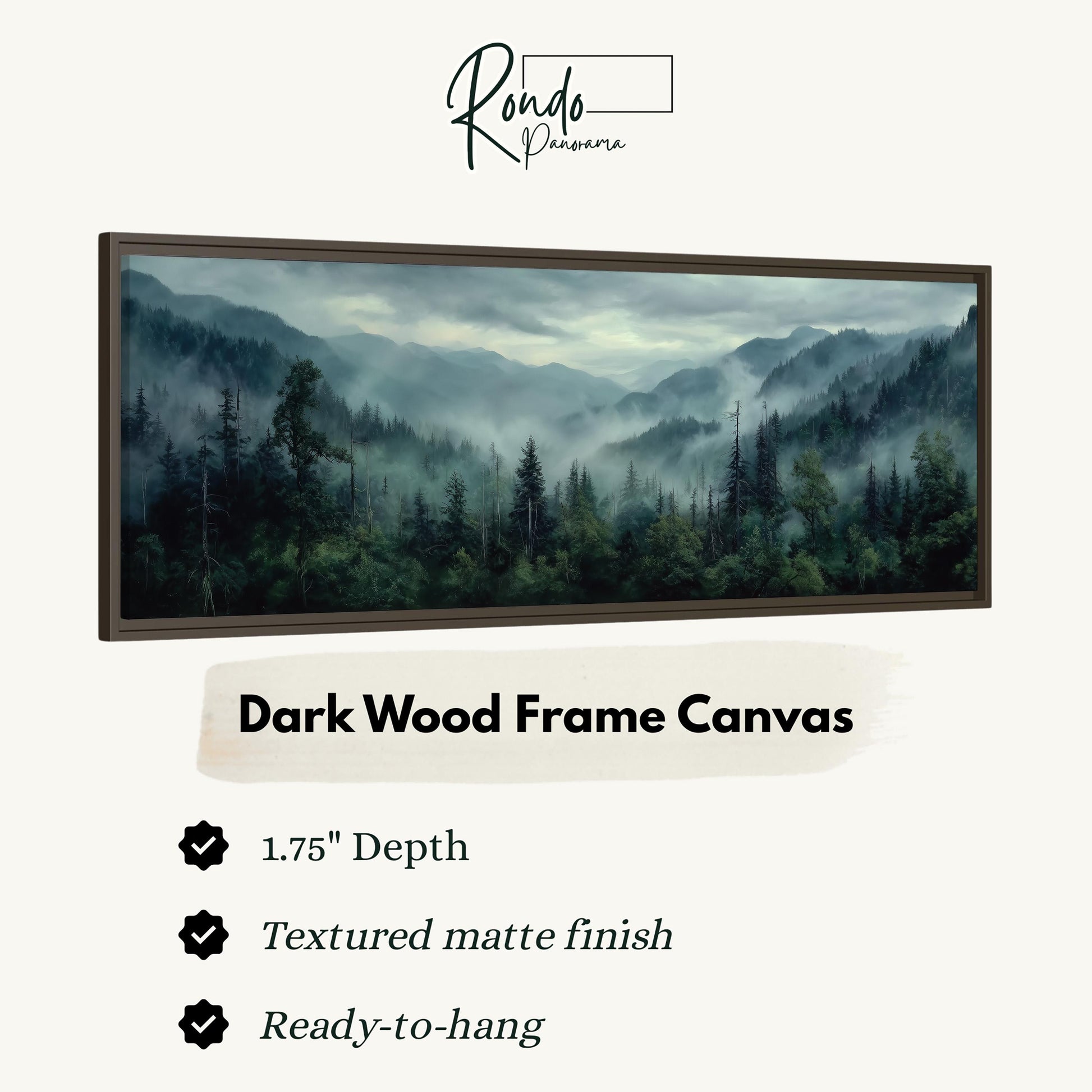 The image is a framed canvas depicting a forest landscape with misty mountains in the background.