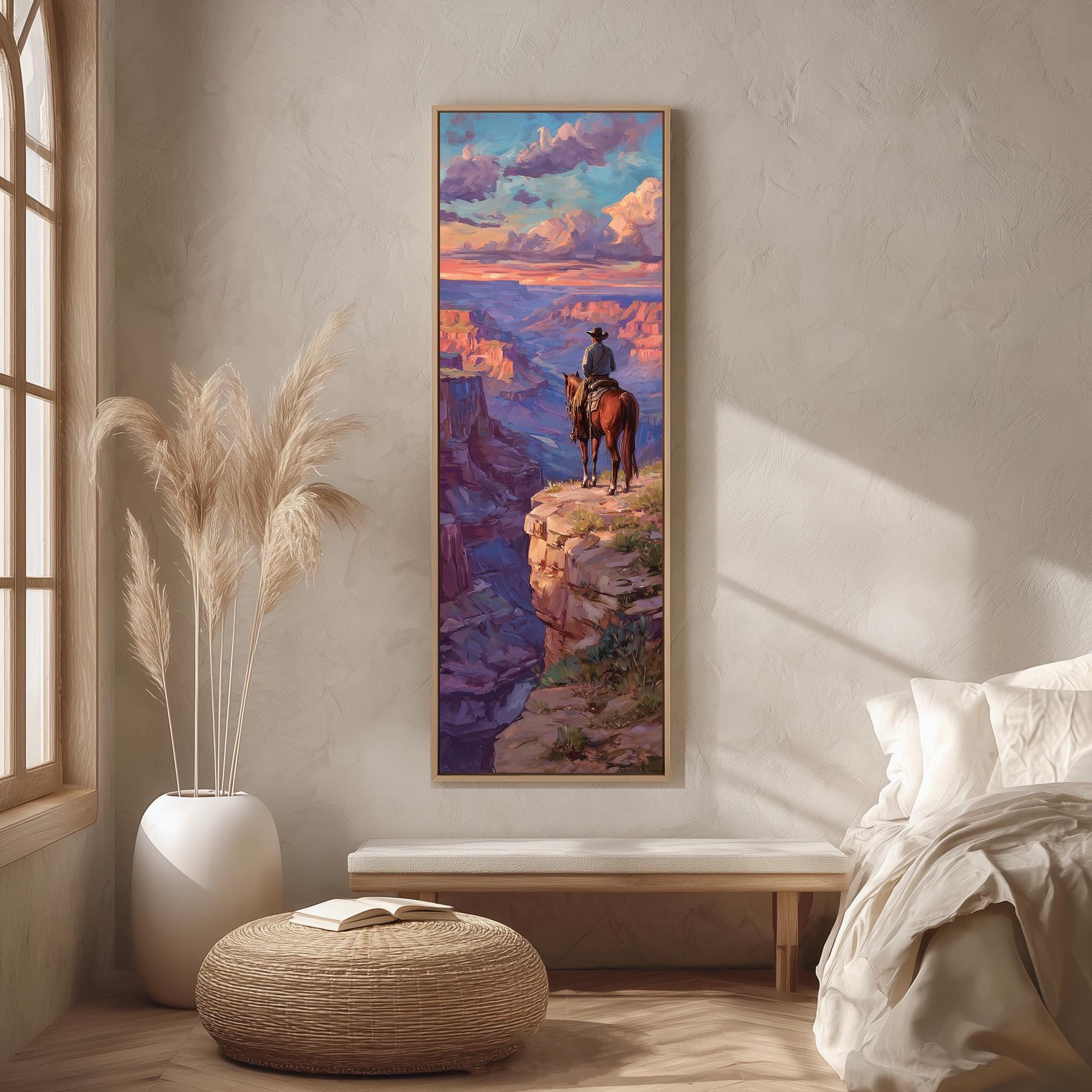 a serene scene of a person riding a horse on a cliff overlooking a breathtaking landscape, with a vibrant sky and clouds in the background.