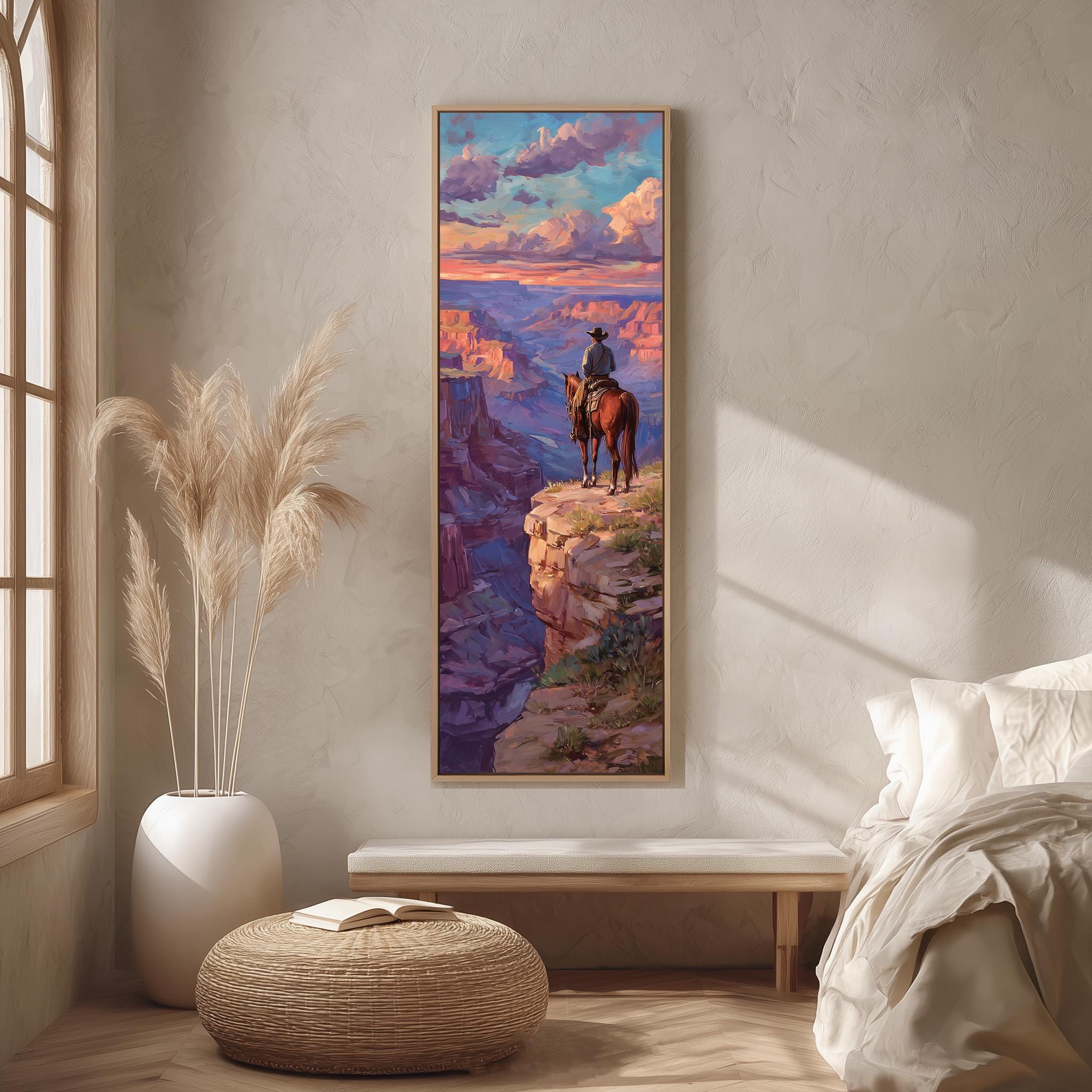 a serene scene of a person riding a horse on a cliff overlooking a breathtaking landscape, with a vibrant sky and clouds in the background.