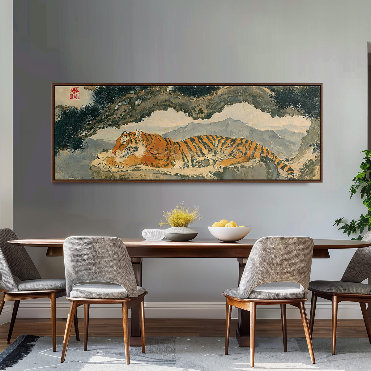 Tiger resting beneath misty pines long horizontal canvas print above a dining table