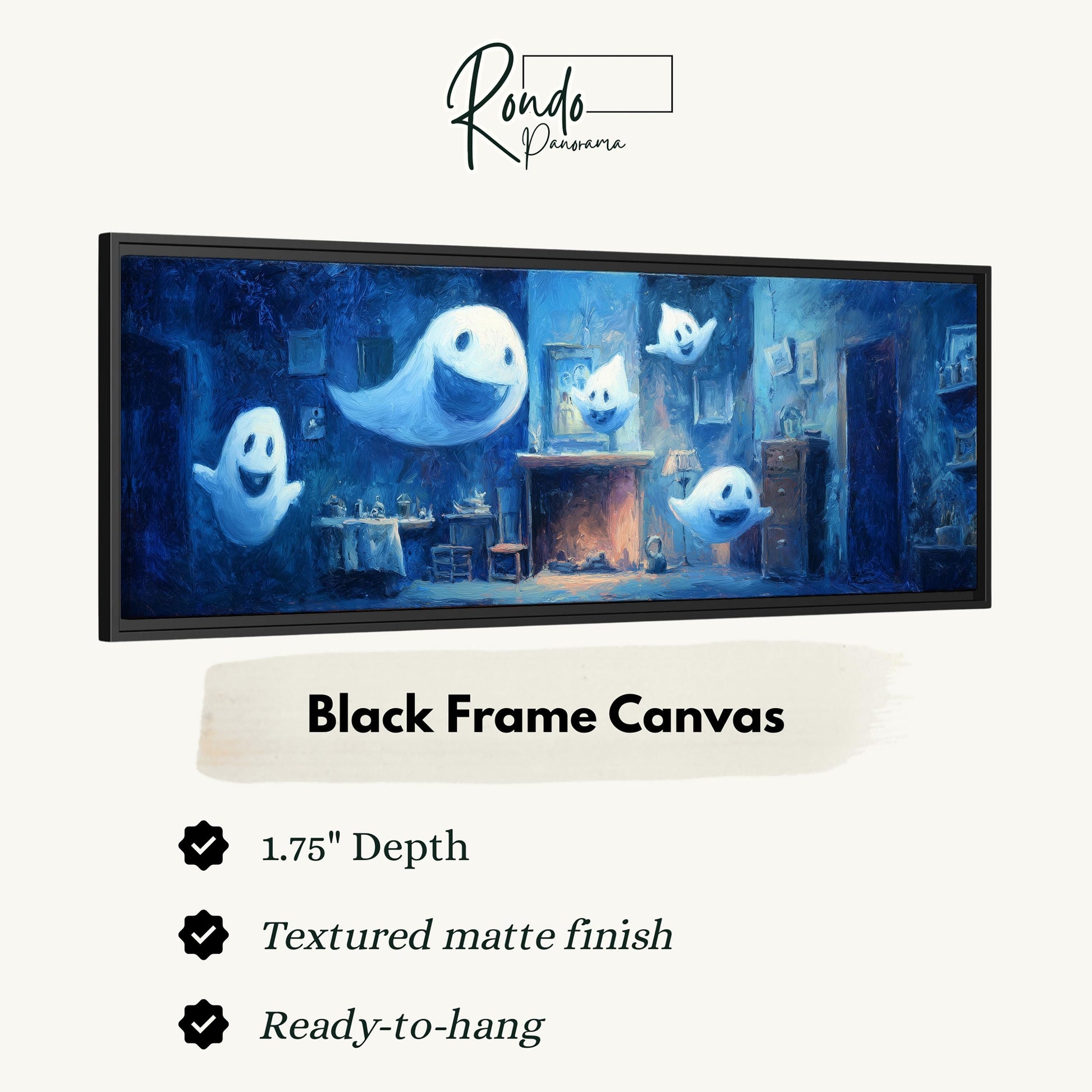 The image is a black frame canvas featuring a painting of seven ghostly figures in a dark, spooky room.