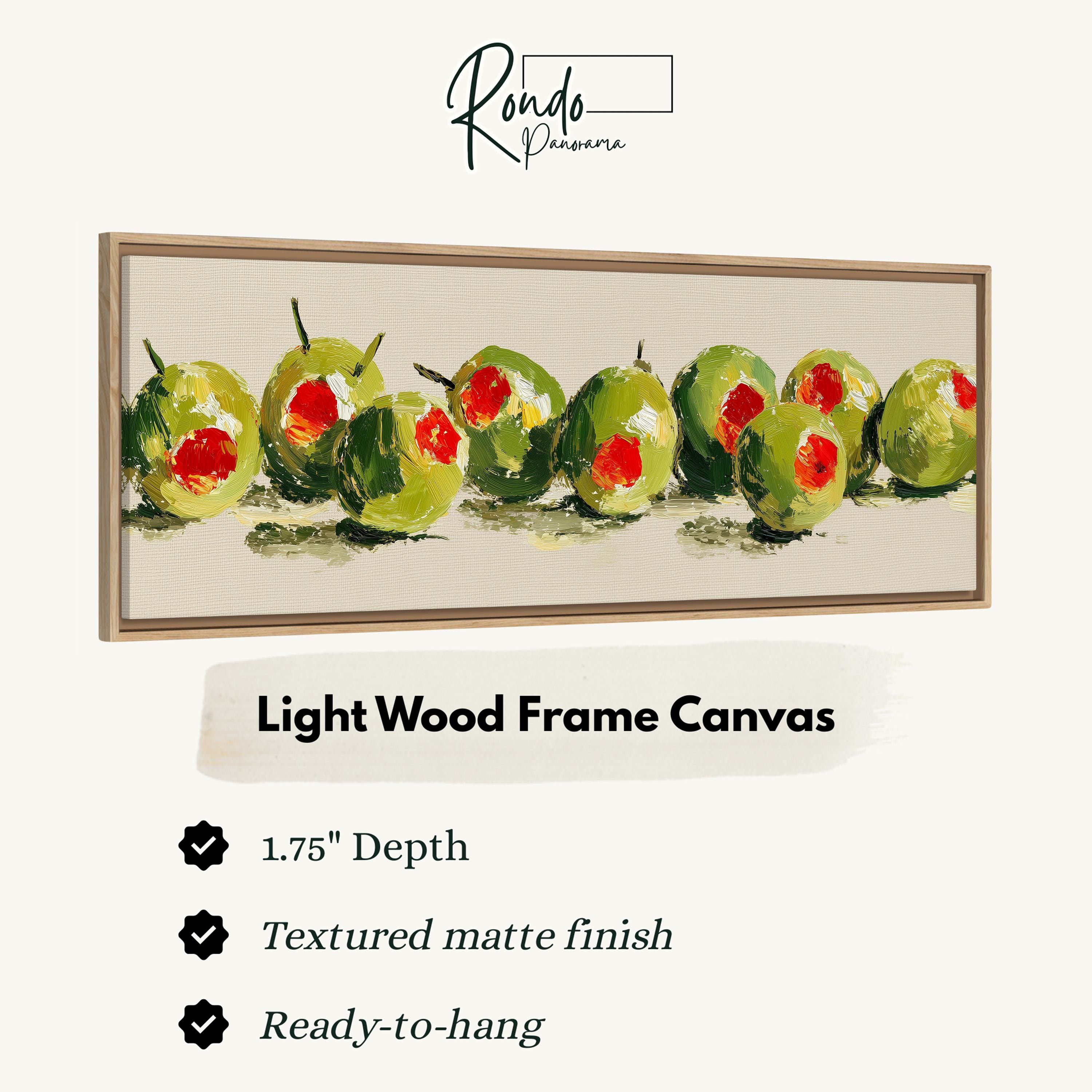 The image is a light wood frame canvas featuring a painting of green olives with red centers.