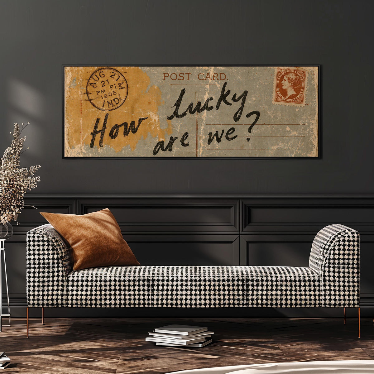 Vintage postcard saying how lucky are we wide panoramic canvas print above a bench in a dark living room