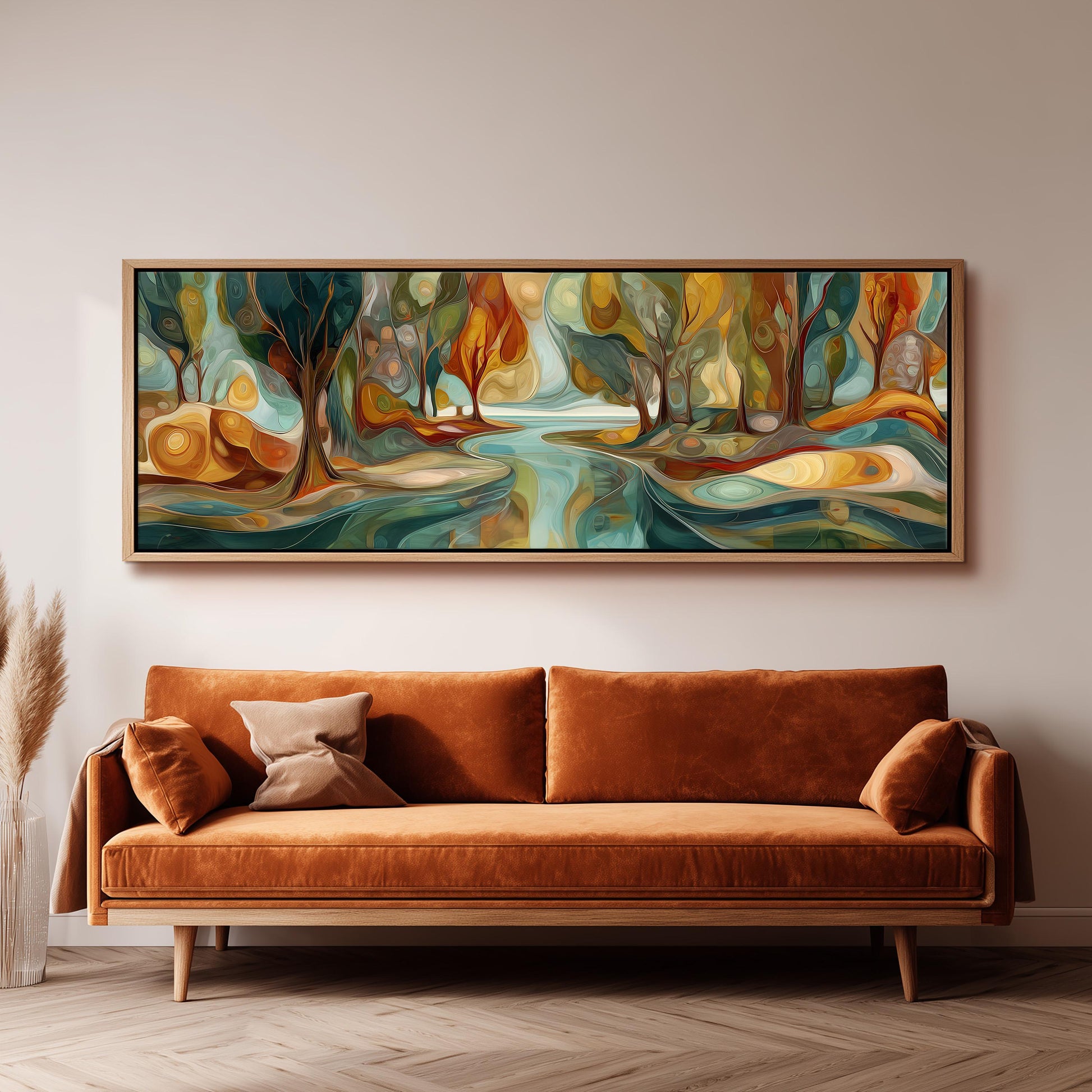 a large, colorful abstract painting hanging on a wall above a brown sofa.