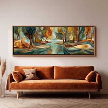 a large, colorful abstract painting hanging on a wall above a brown sofa.