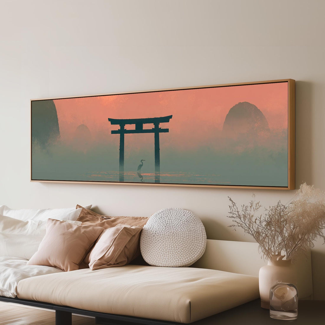 Torii gate and heron in pink mist long horizontal canvas print above a sofa in a living room