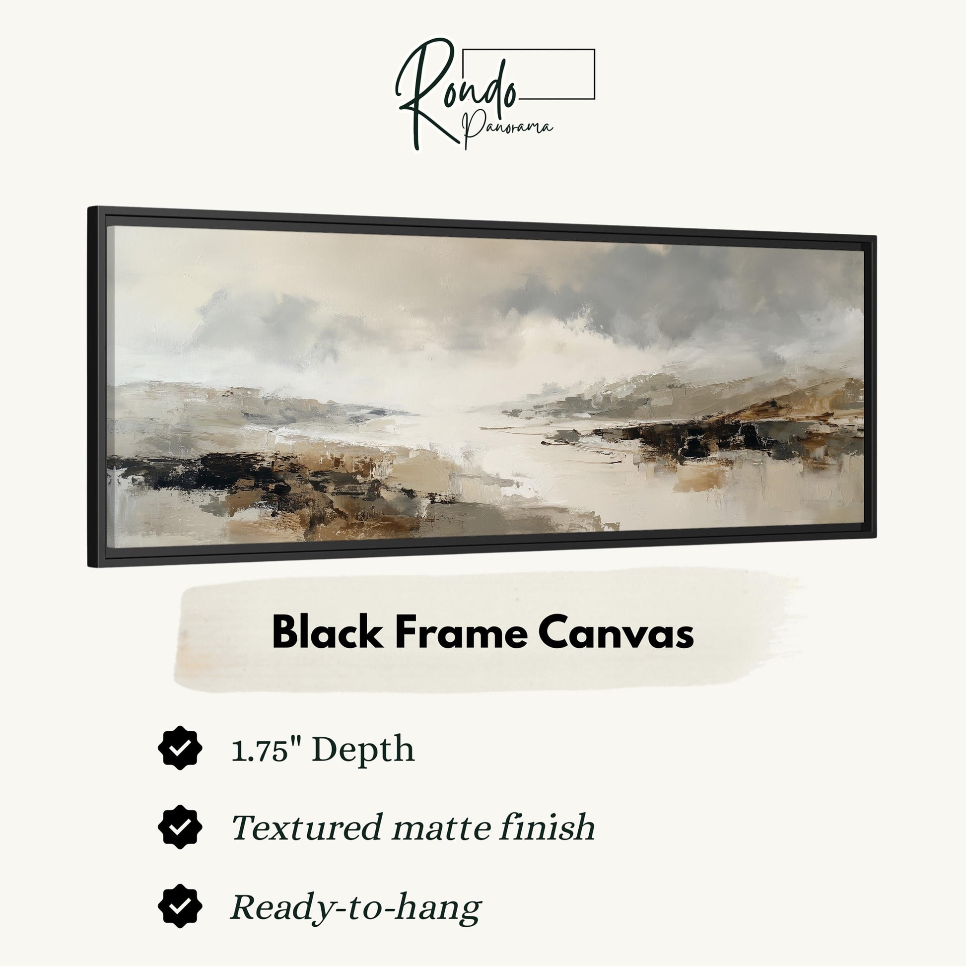 The image is a black frame canvas depicting a landscape with a cloudy sky and a body of water.
