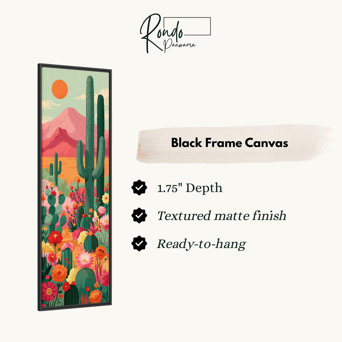 Cacti and flowers under a pink mountain canvas print in a black floating frame
