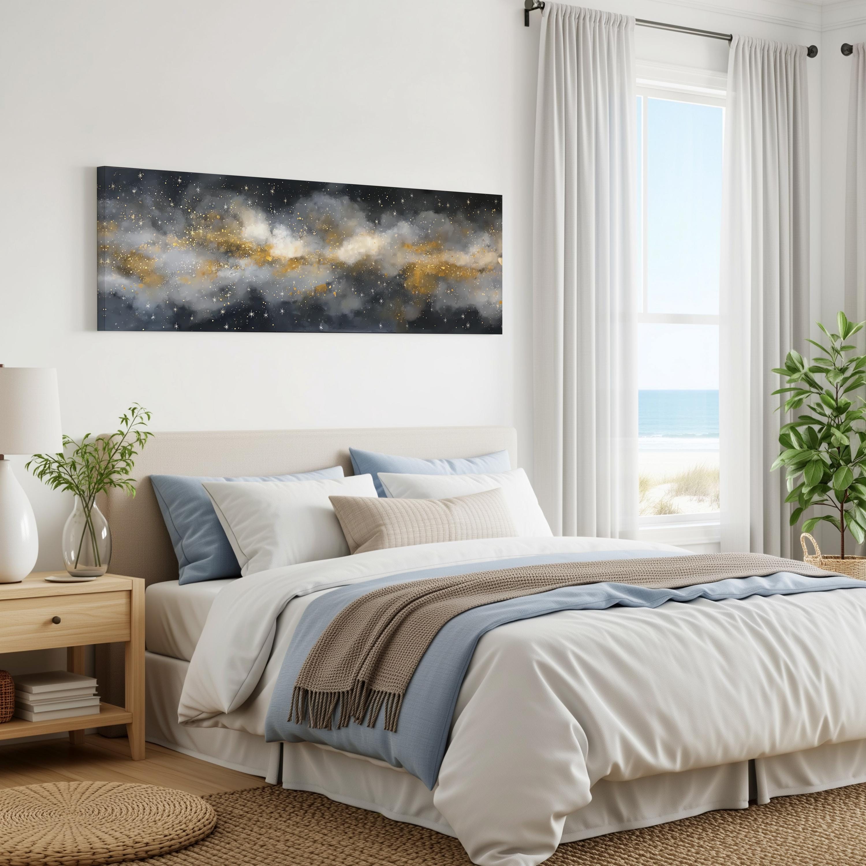 a serene bedroom with a large bed, a nightstand, and a painting of a starry night sky on the wall. The room has a calming and peaceful atmosphere, with natural light coming in through the window and a view of the ocean.
