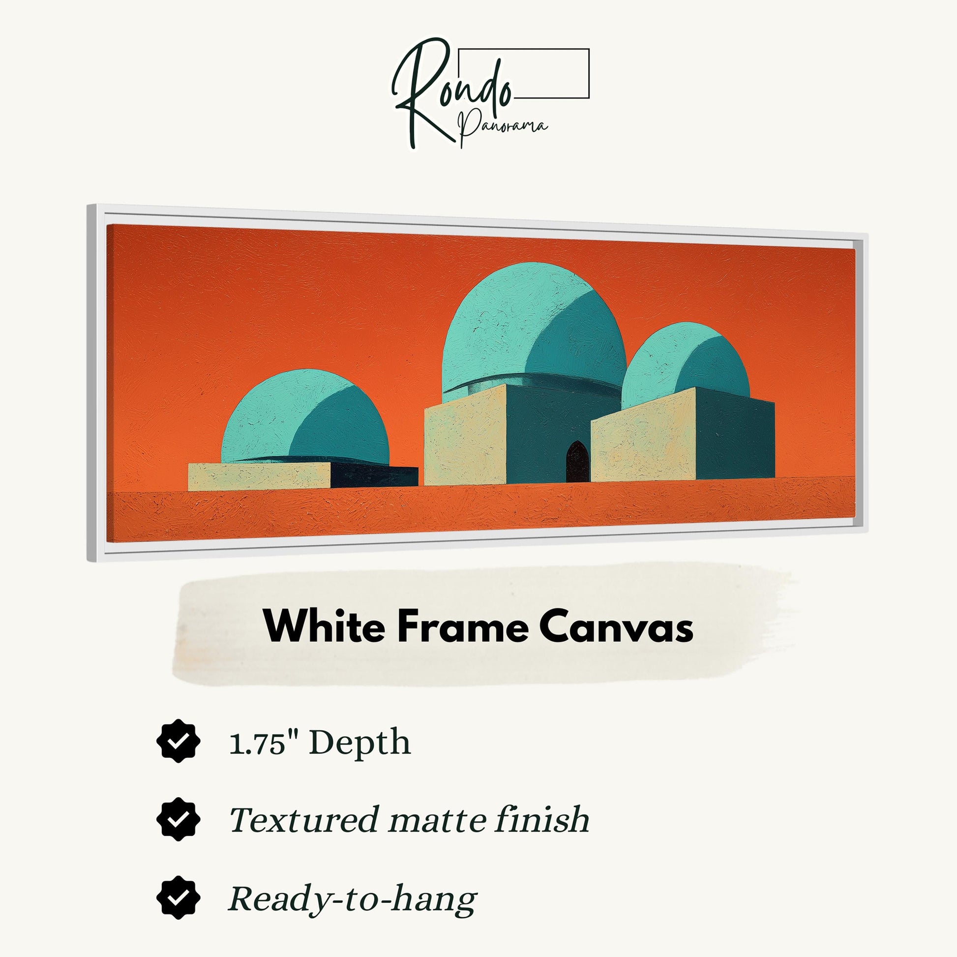 The image is a framed artwork depicting a geometric design with three domes in shades of blue and orange. The artwork is described as a "White Frame Canvas" with a 1.75" depth, a textured matte finish, and a ready-to-hang feature.