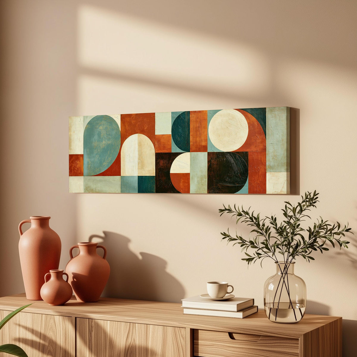 Teal and rust arch and circle shapes long horizontal canvas print above a wooden sideboard