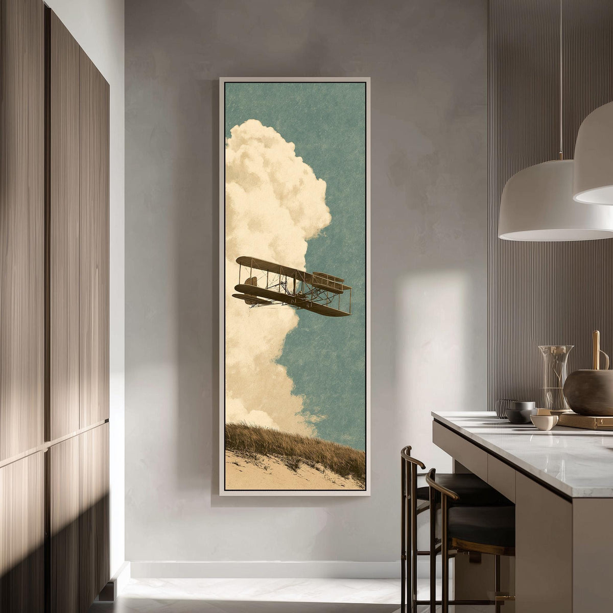 Vintage biplane flying past a tall cloud tall skinny canvas print in a modern kitchen