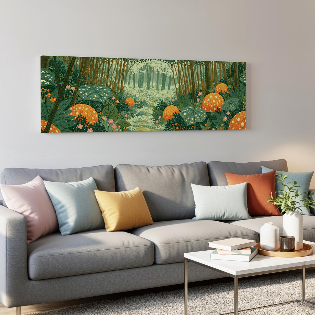 Amber mushroom forest panoramic canvas print above a grey sofa in a living room
