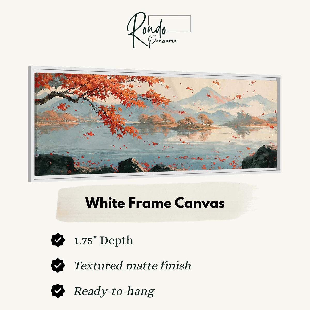 Japanese maple over a misty lake canvas print in a white floating frame