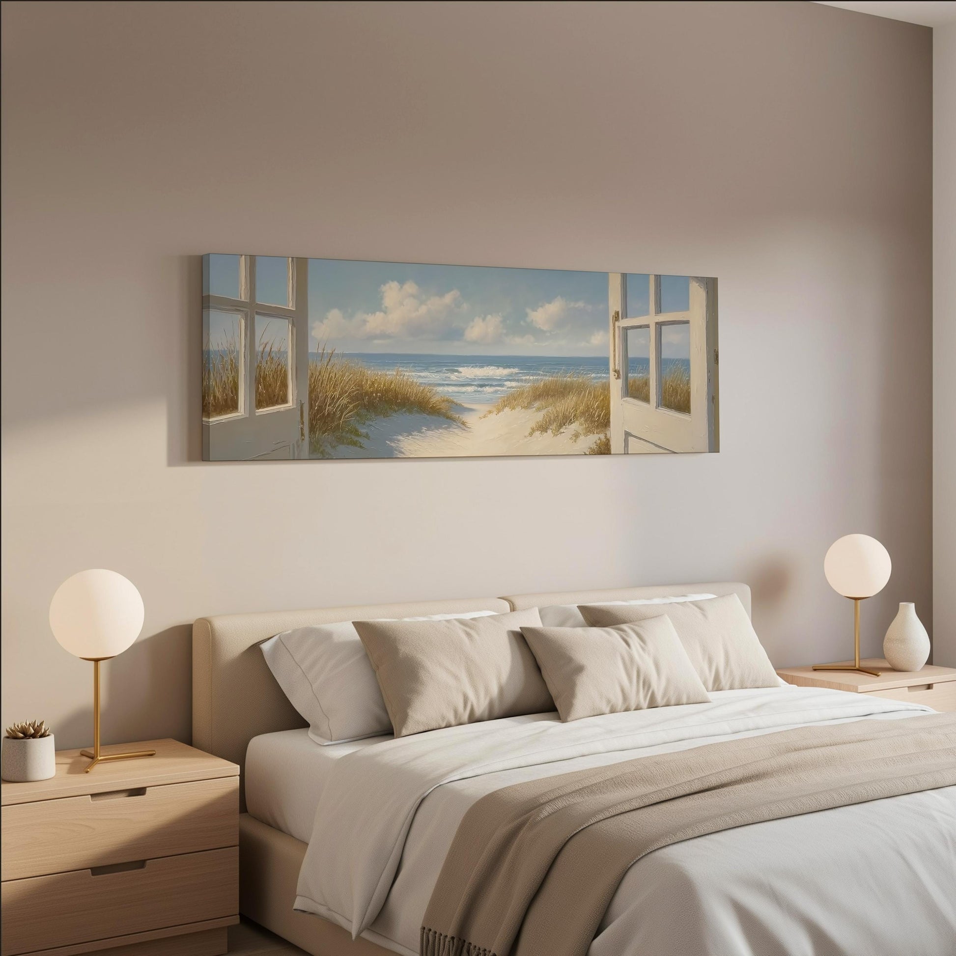 a serene bedroom scene with a large bed, two nightstands with lamps, and a painting of a beach view hanging on the wall above the bed.
