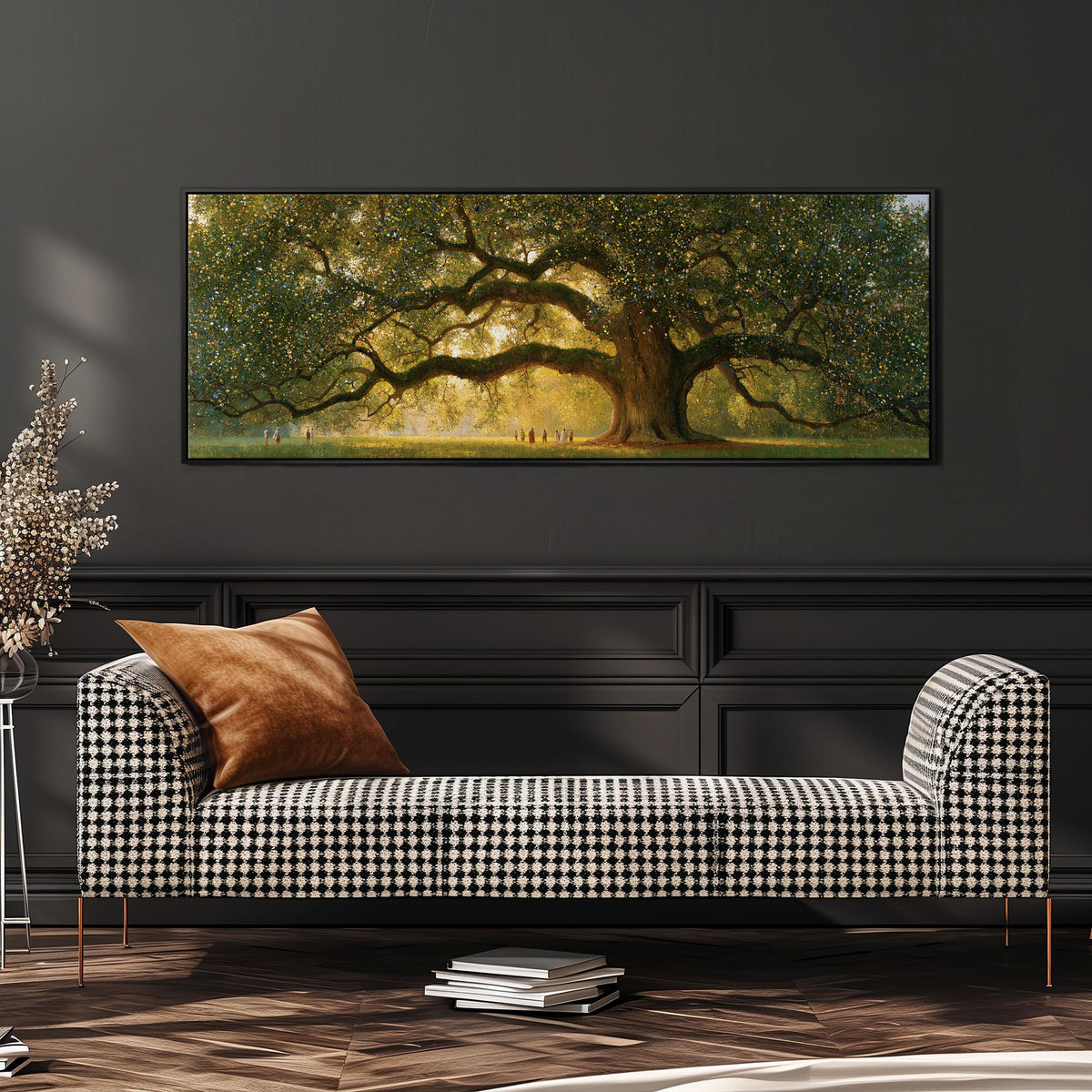 Golden oak tree in a park wide panoramic canvas print above a bench in a dark living room