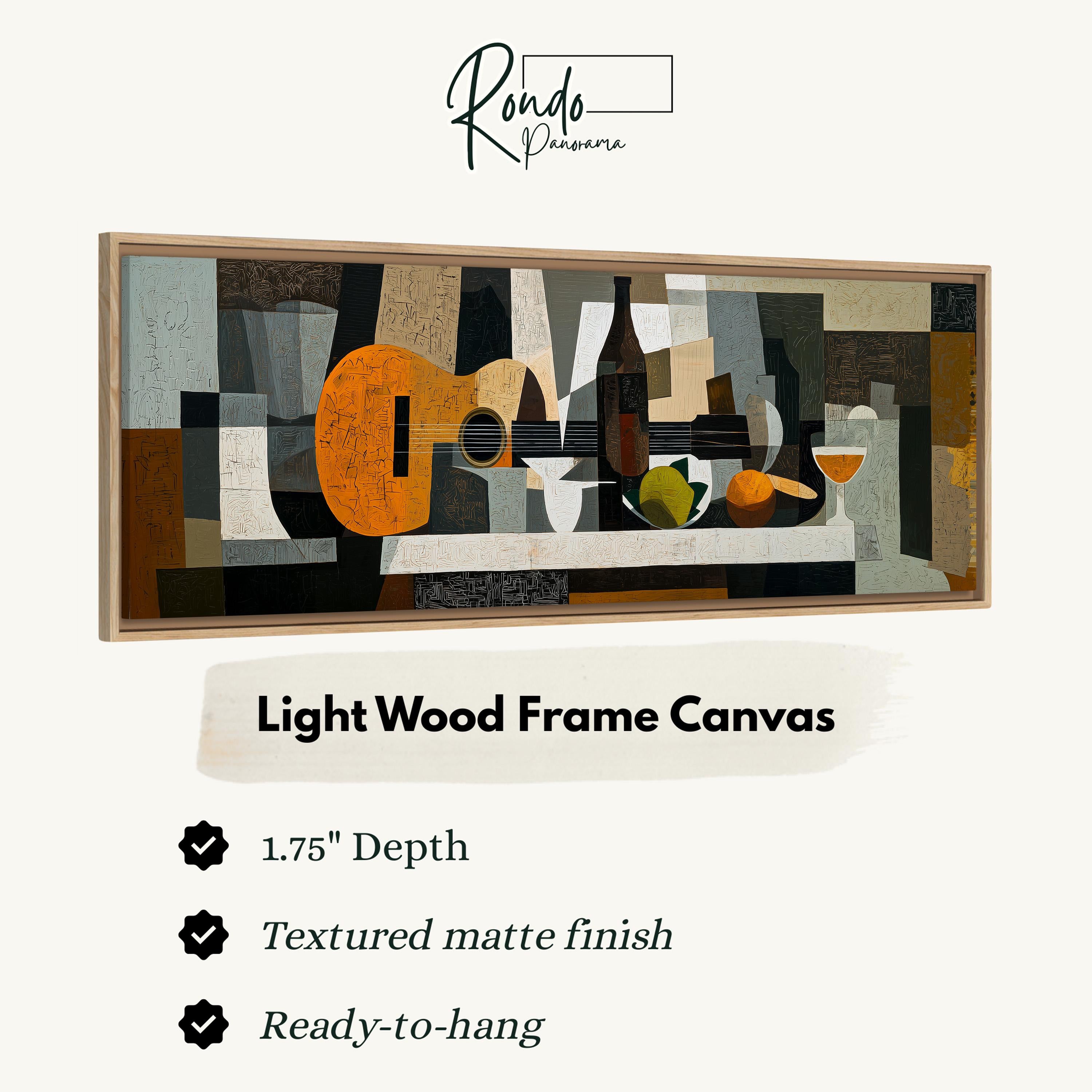 The image is a light wood frame canvas featuring a still life composition with a guitar, wine glass, and fruit.