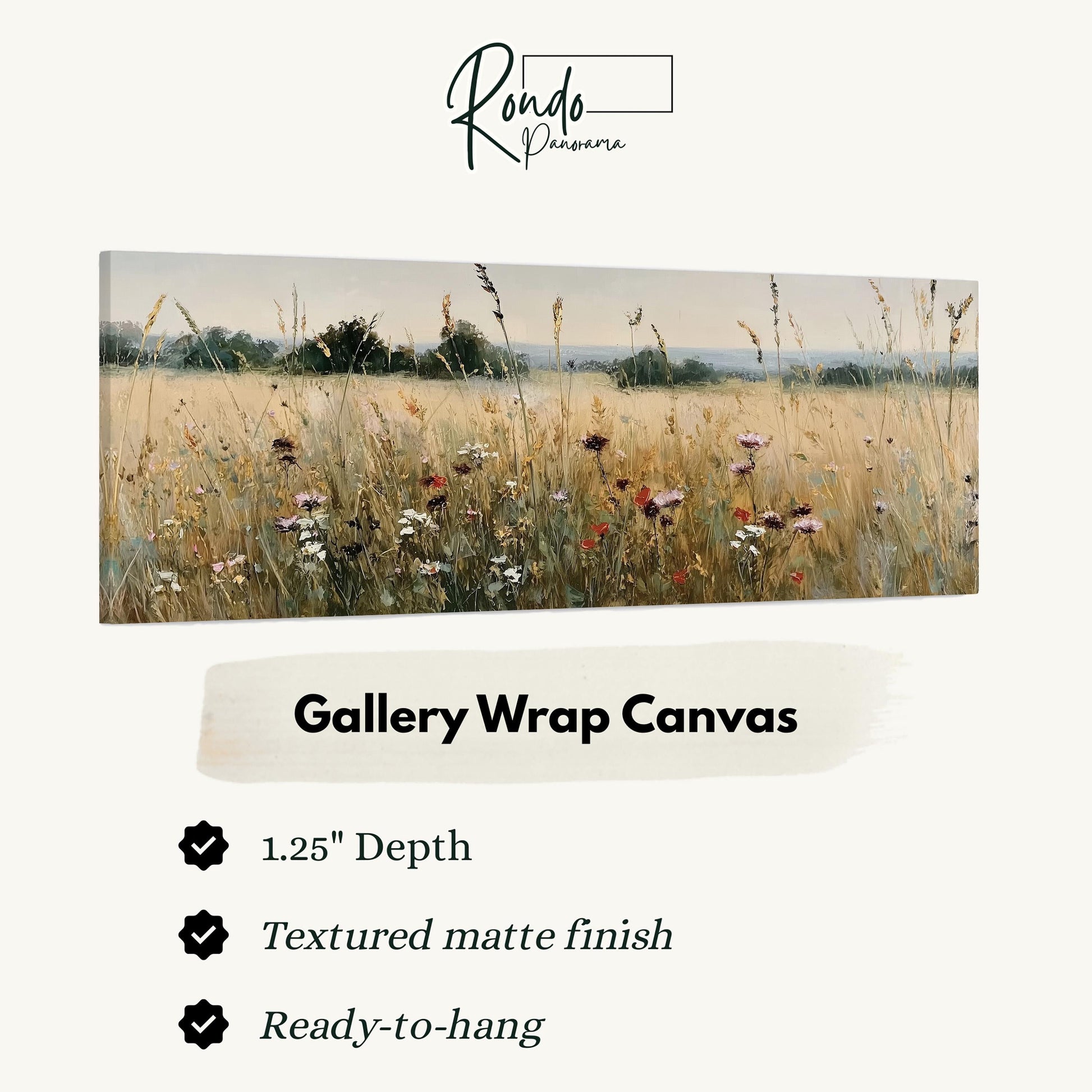 The image is a painting of a field with tall grass and wildflowers.