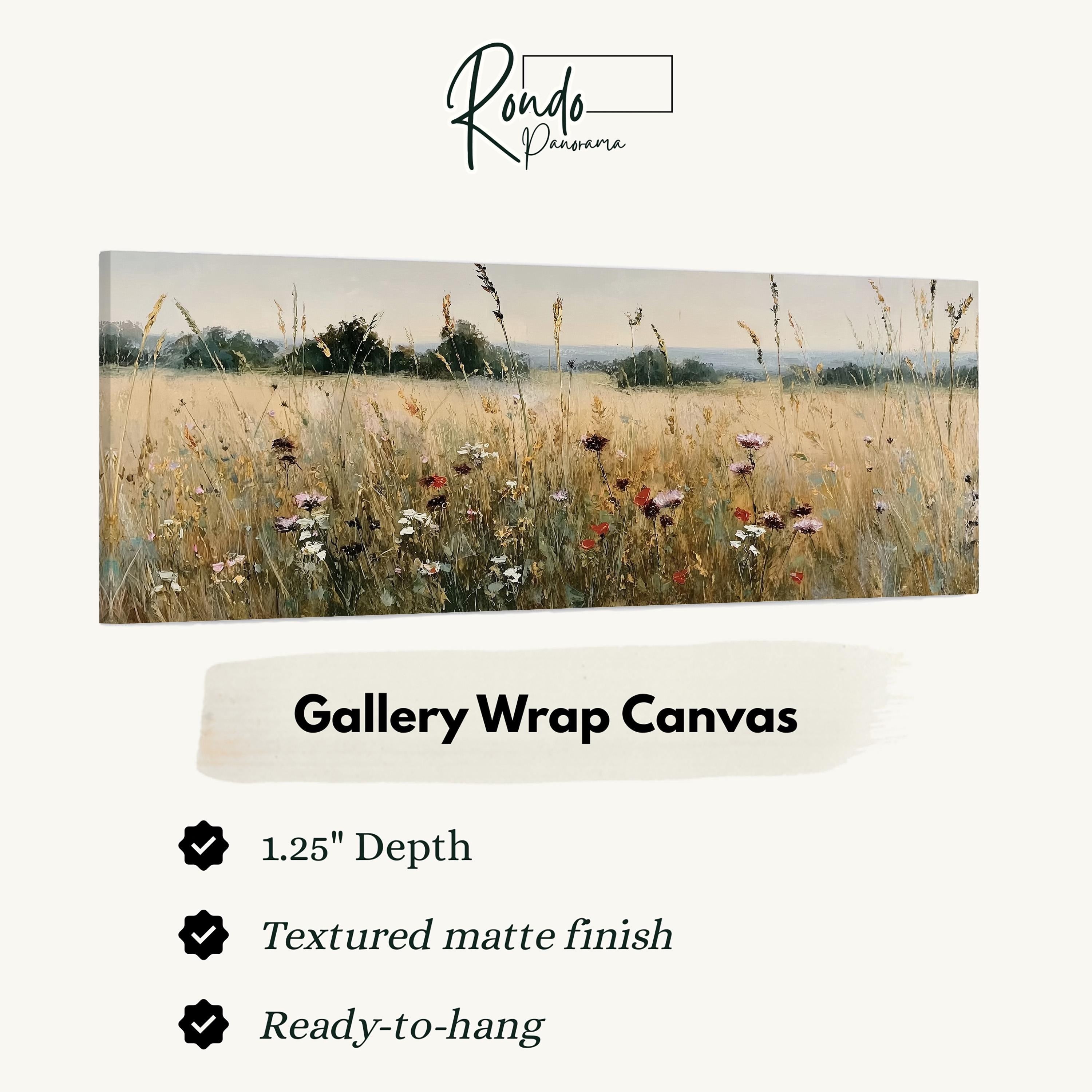 The image is a painting of a field with tall grass and wildflowers.
