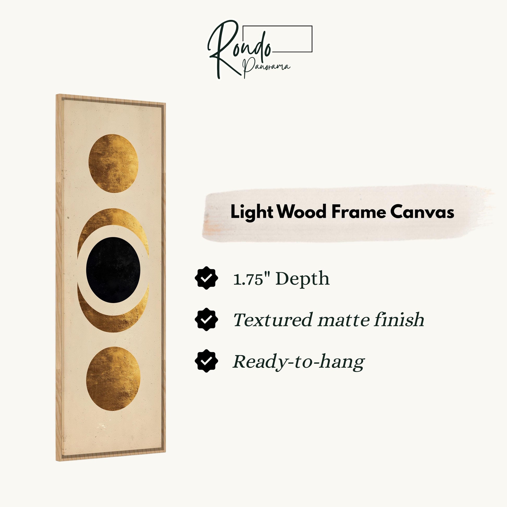 The image is a light wood frame canvas with a design featuring three circles, one black and two gold, arranged in a vertical orientation.