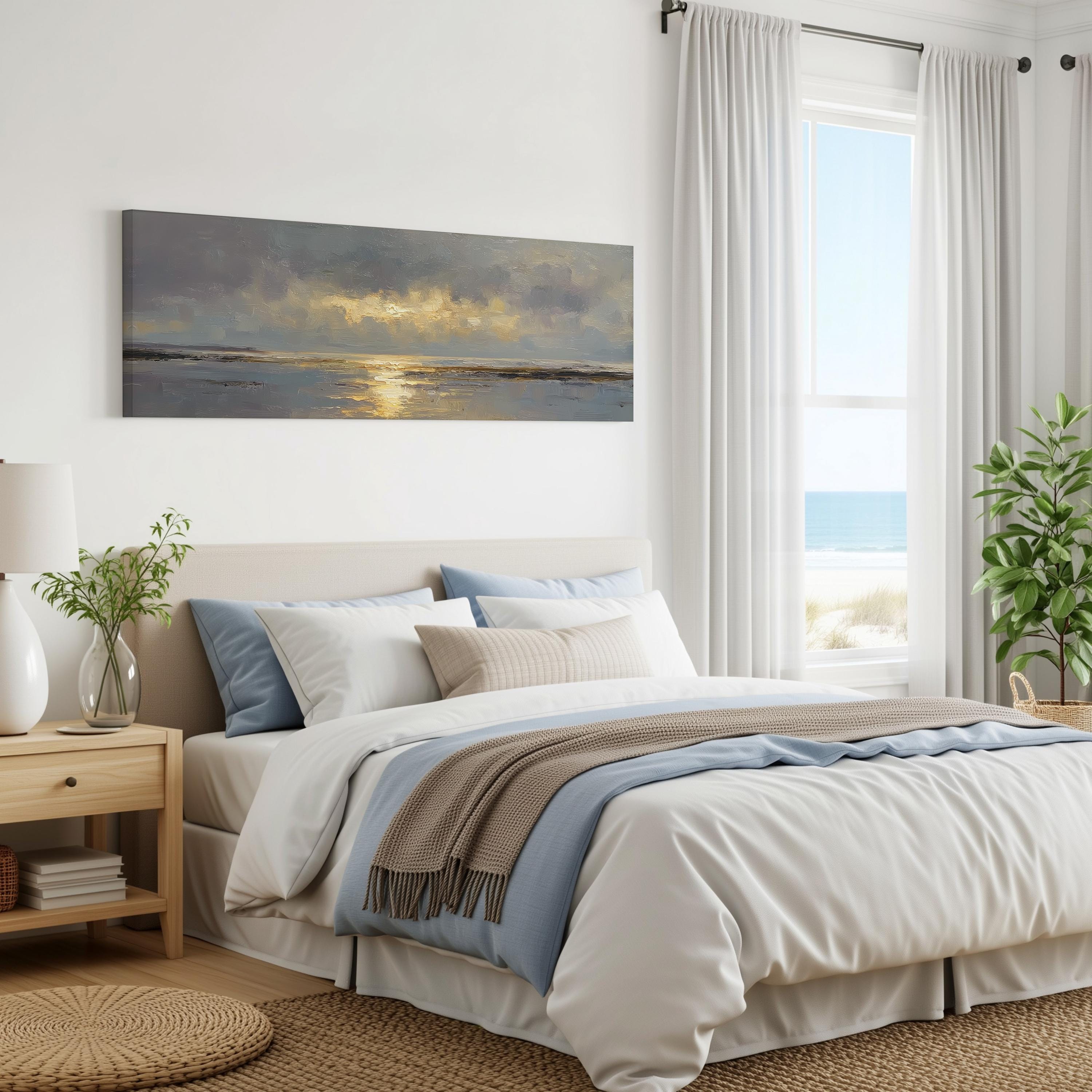 a serene bedroom with a large bed, a painting of a sunset over the ocean, and a window overlooking the beach.