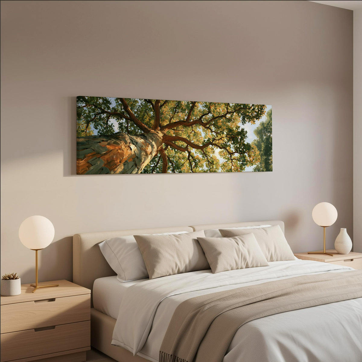 Autumn oak canopy seen from below wide panoramic canvas print above a bed in a neutral bedroom