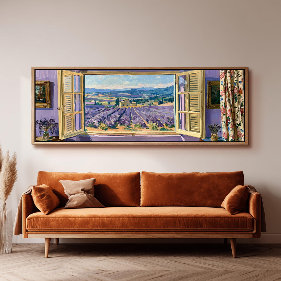 Lavender fields seen through an open window long horizontal canvas print above a sofa in a living room