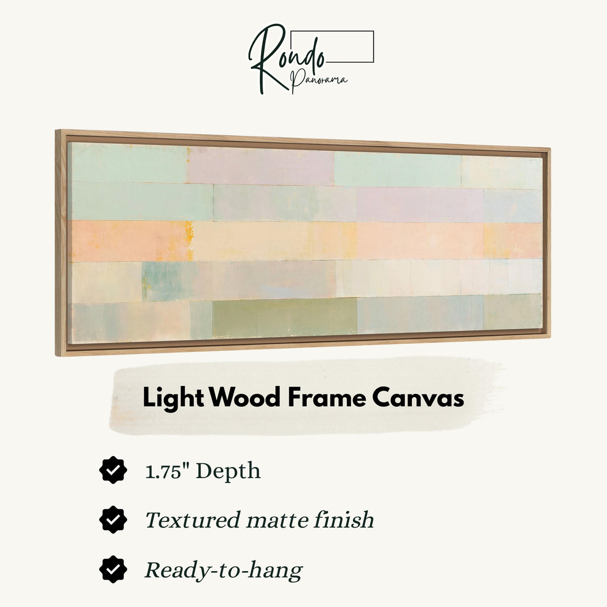 Soft lilac, mint and butter color bands canvas print in a light wood floating frame