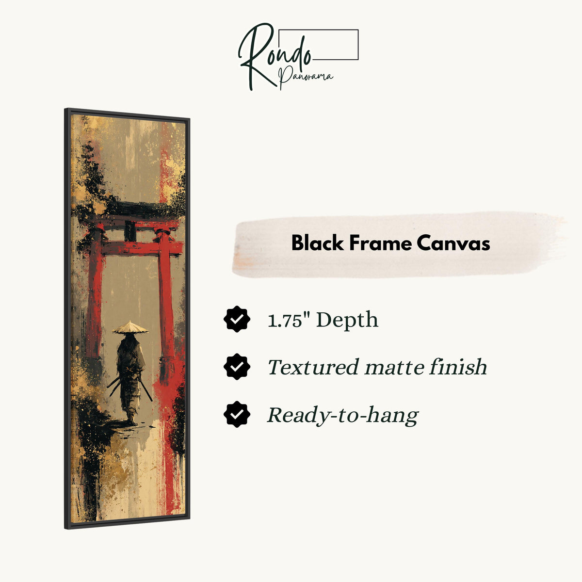 Samurai walking under a red torii gate canvas print in a black floating frame