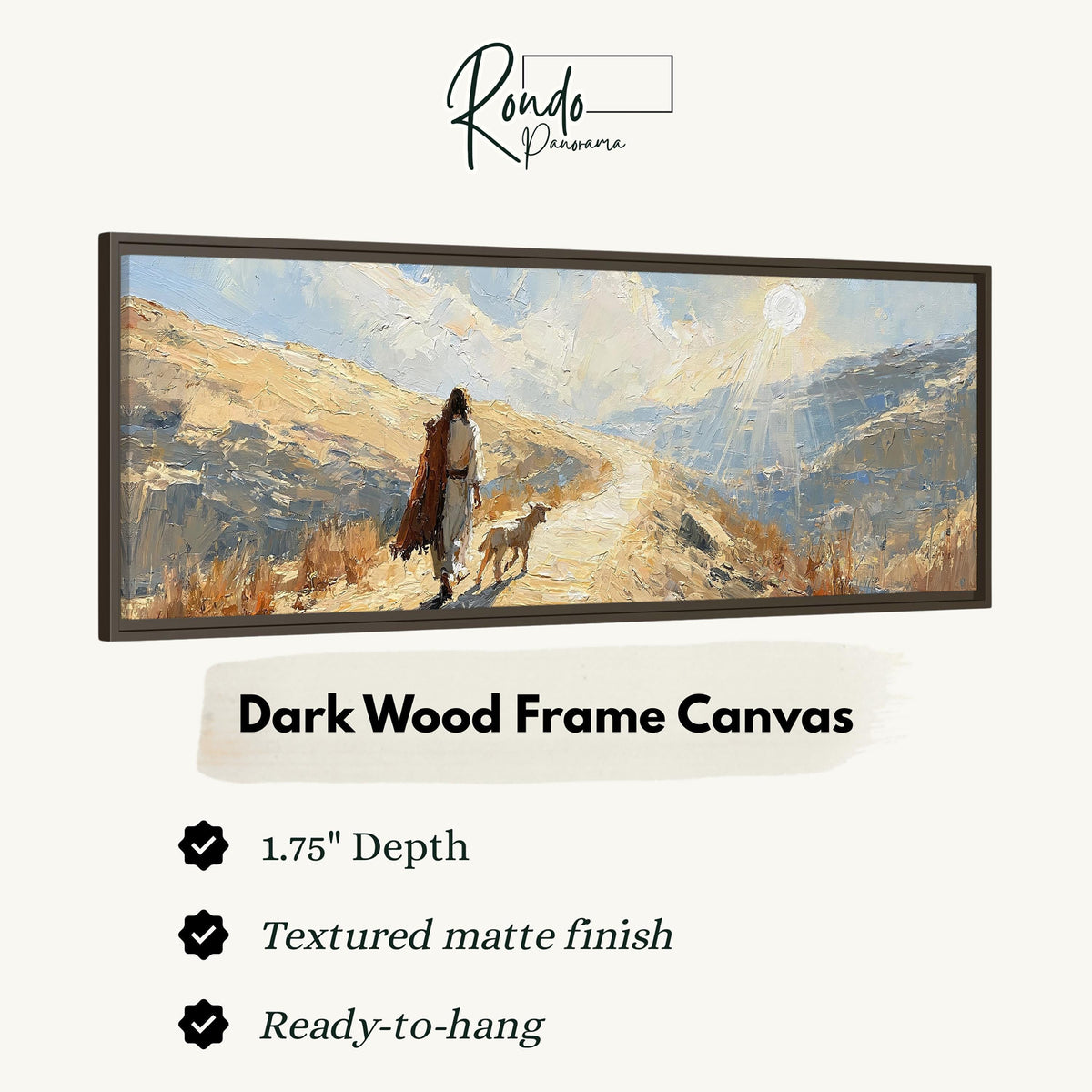 Jesus walking a sunlit hillside path with a sheep canvas print in a dark wood floating frame