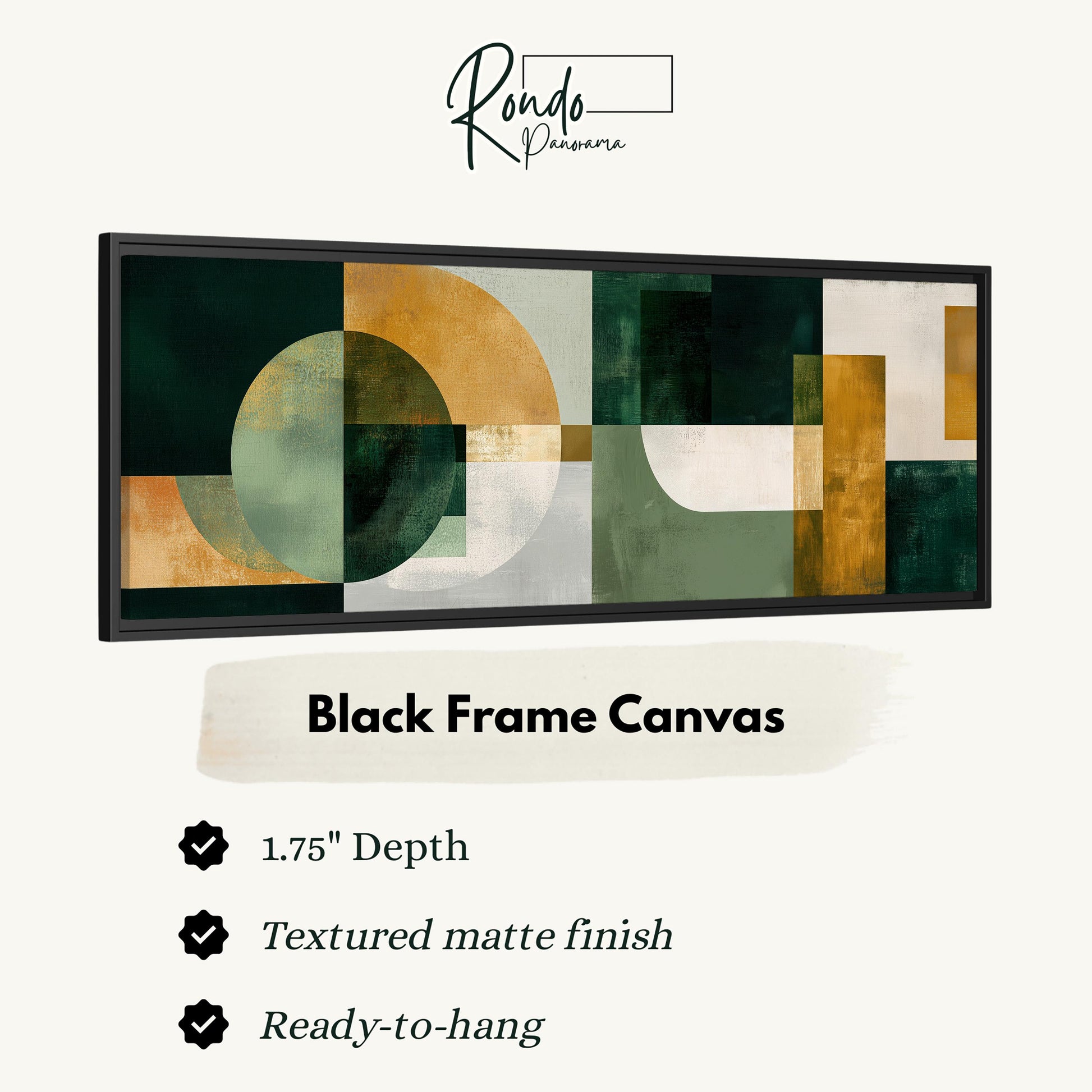 The image is a black frame canvas with a geometric abstract design in shades of green, yellow, and brown.