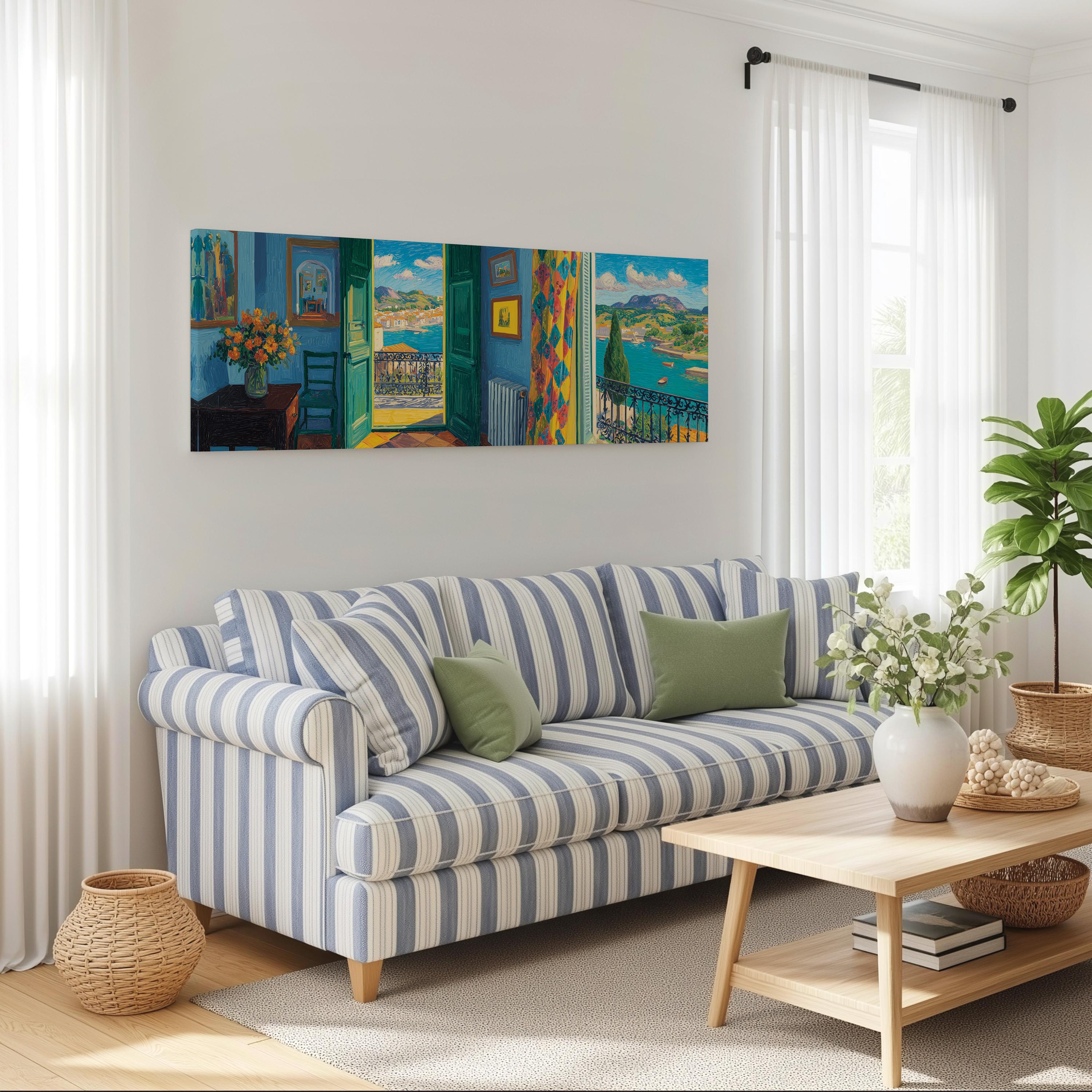 a cozy living room with a striped sofa, a coffee table, and a large painting of a colorful landscape hanging on the wall.