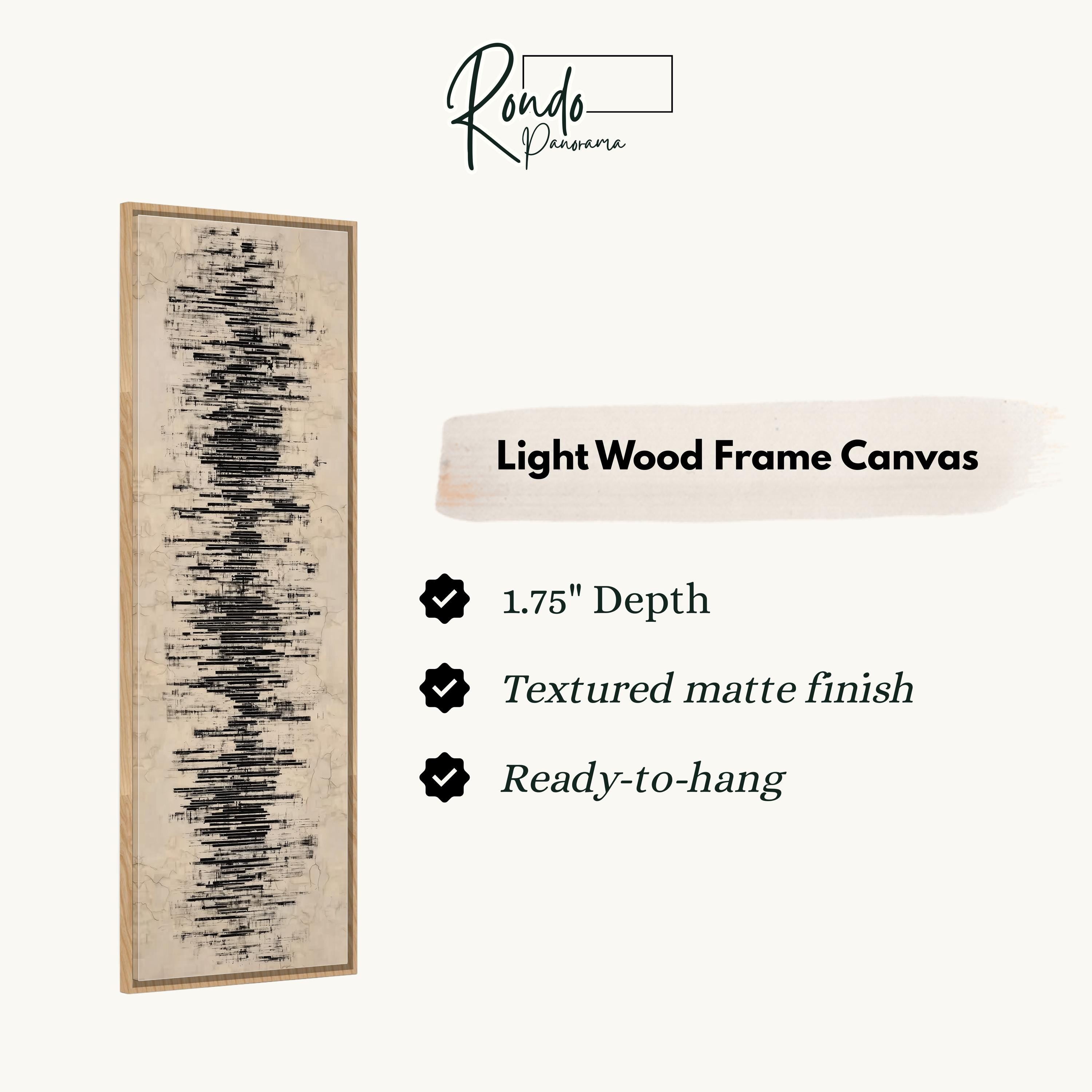 The image is a product description for a light wood frame canvas. It features a vertical line design with a textured finish and is described as having a 1.75" depth, a textured matte finish, and being ready to hang.