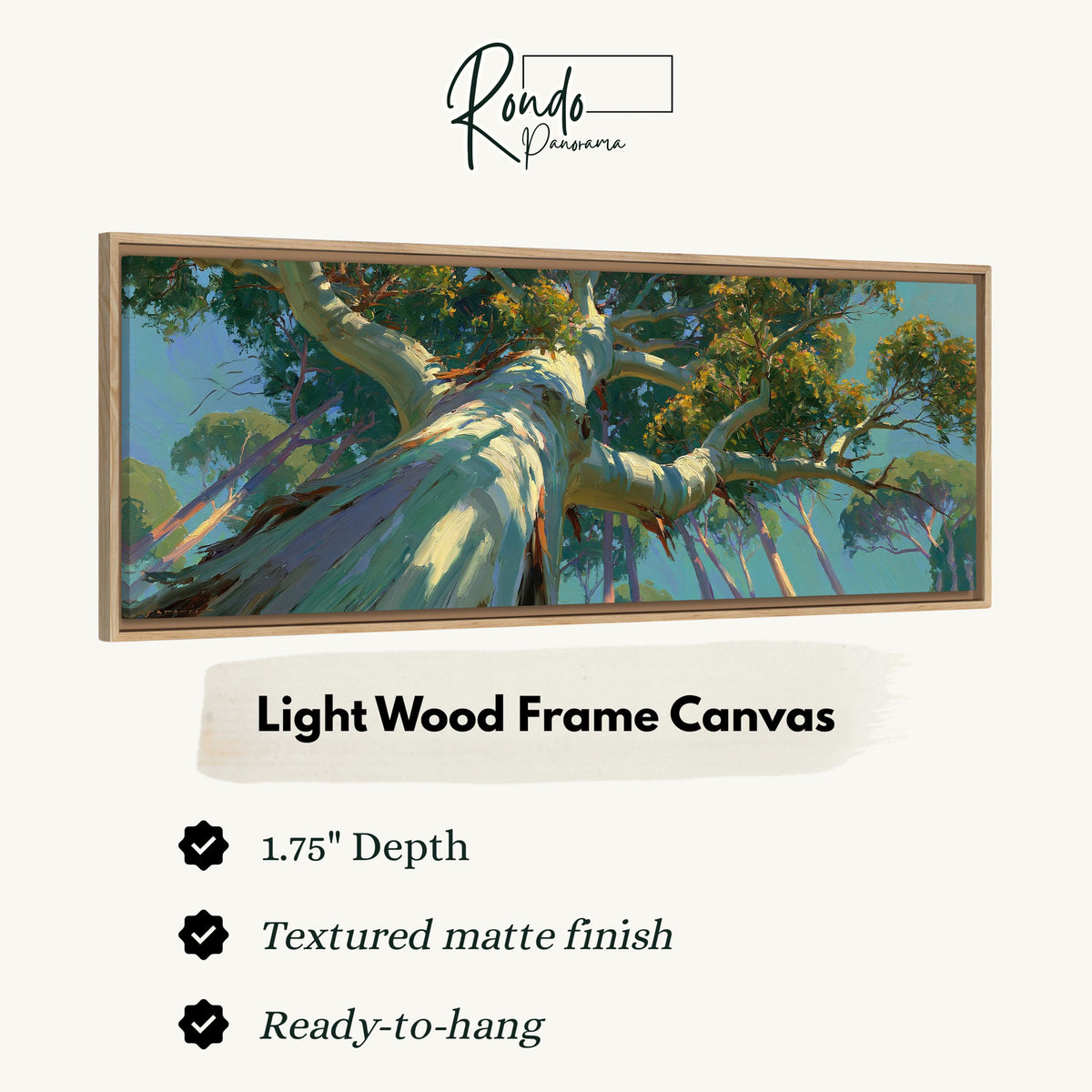 Eucalyptus canopy against a blue sky canvas print in a light wood floating frame