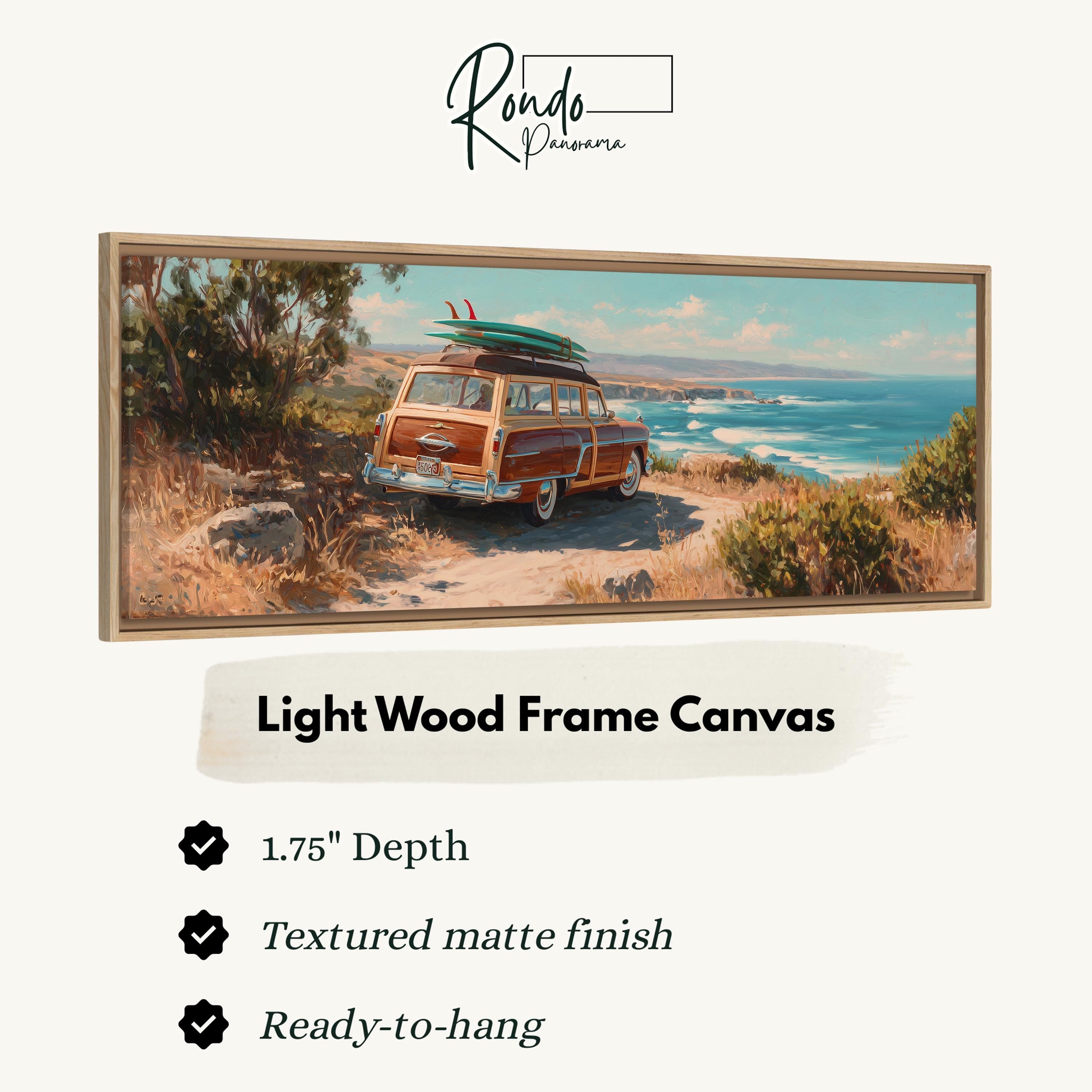 The image is a framed painting depicting a vintage car with a surfboard on top, set against a scenic coastal landscape.