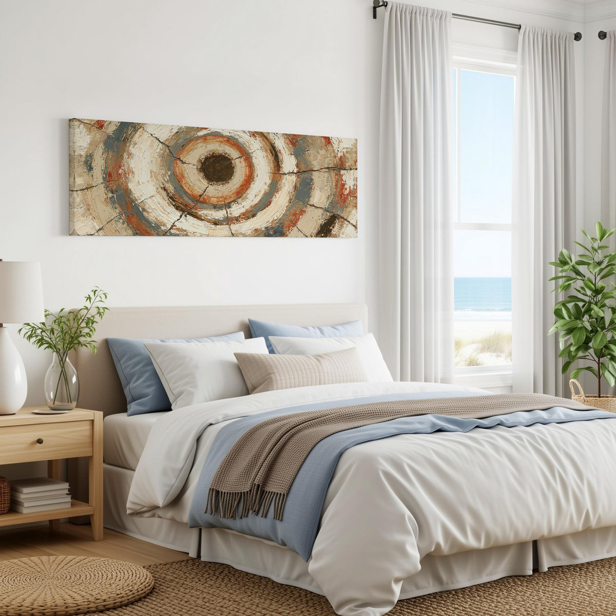 Rust and navy textured tree ring panoramic canvas print above a bed in a coastal bedroom