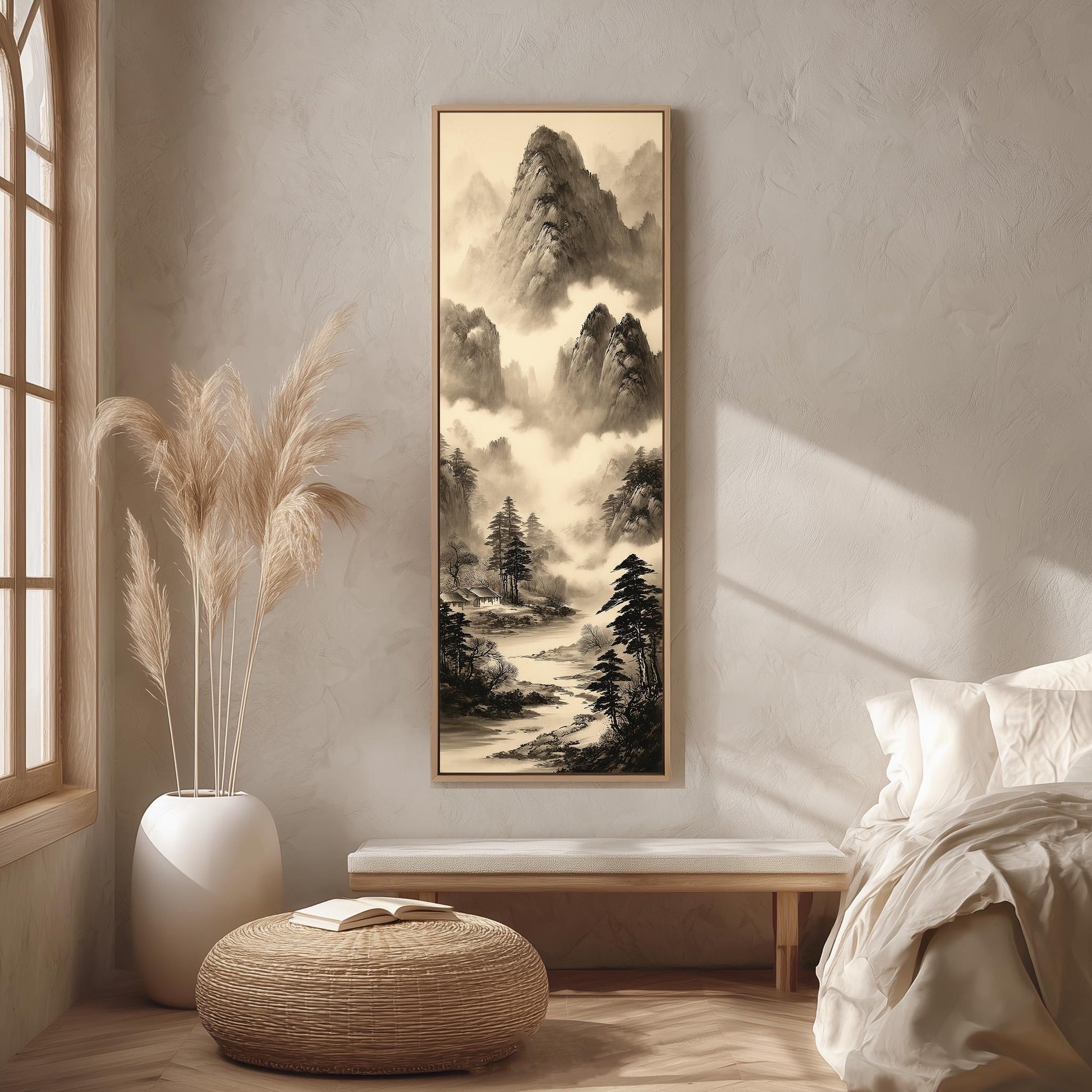 a serene bedroom scene with a large landscape painting hanging on the wall, a white bed with a white pillow, a white vase with tall reeds, and a woven ottoman.