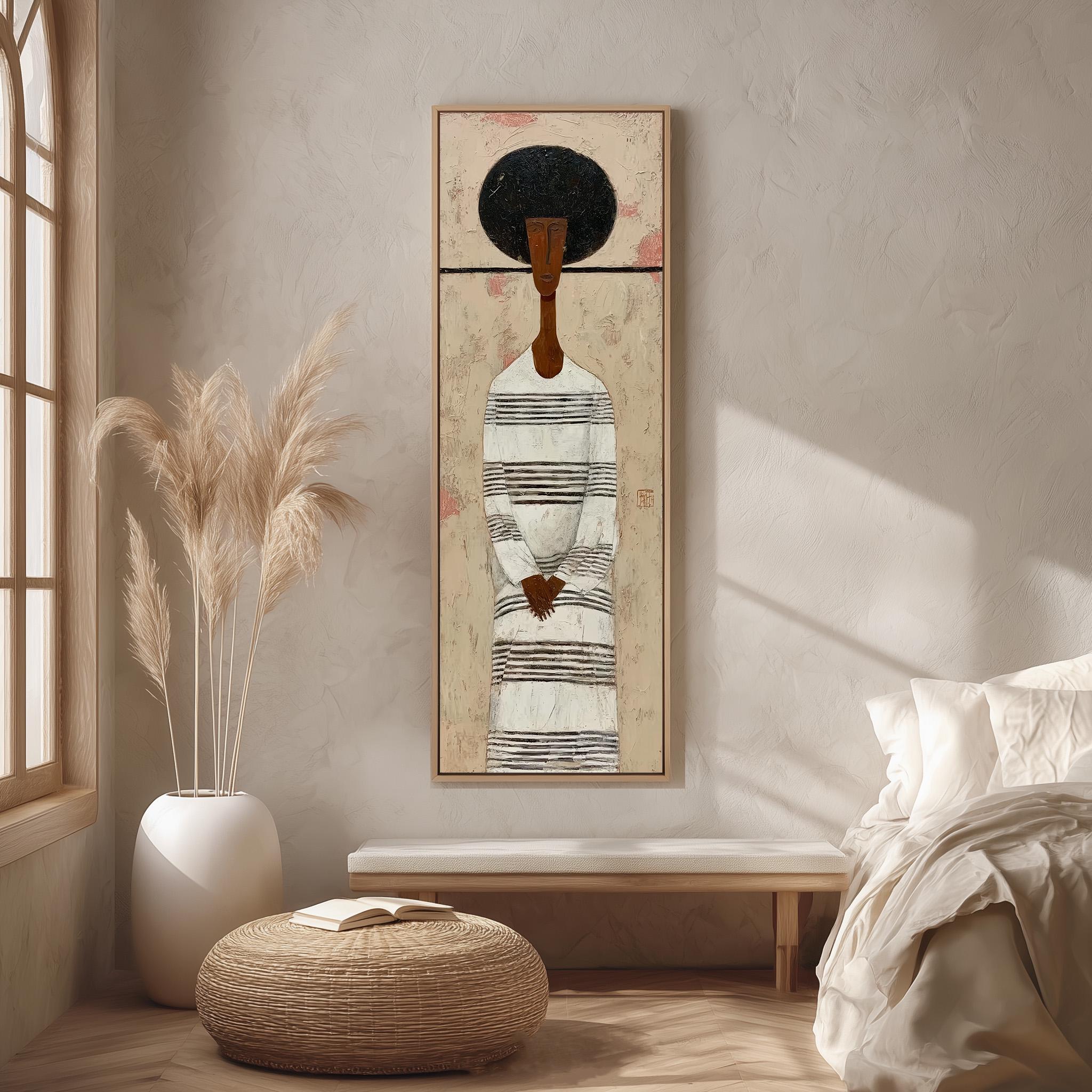 a minimalist bedroom setting with a large abstract painting of a woman in a striped dress hanging on the wall. The room has a bed, a wicker ottoman, and a potted plant, creating a serene and modern atmosphere.