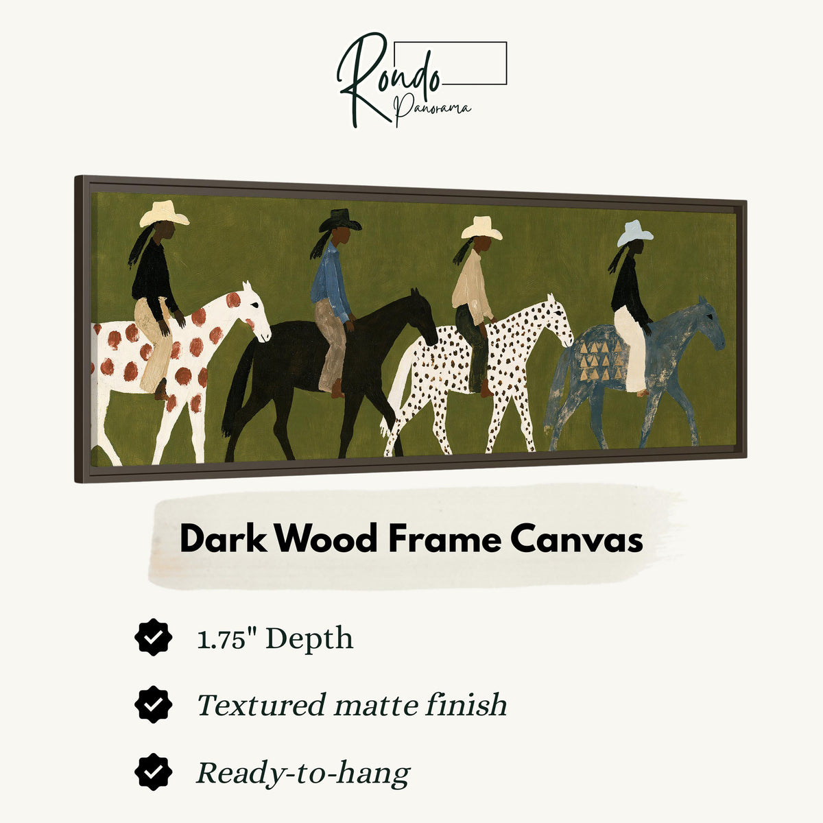 Riders on spotted ponies on olive green canvas print in a dark wood floating frame