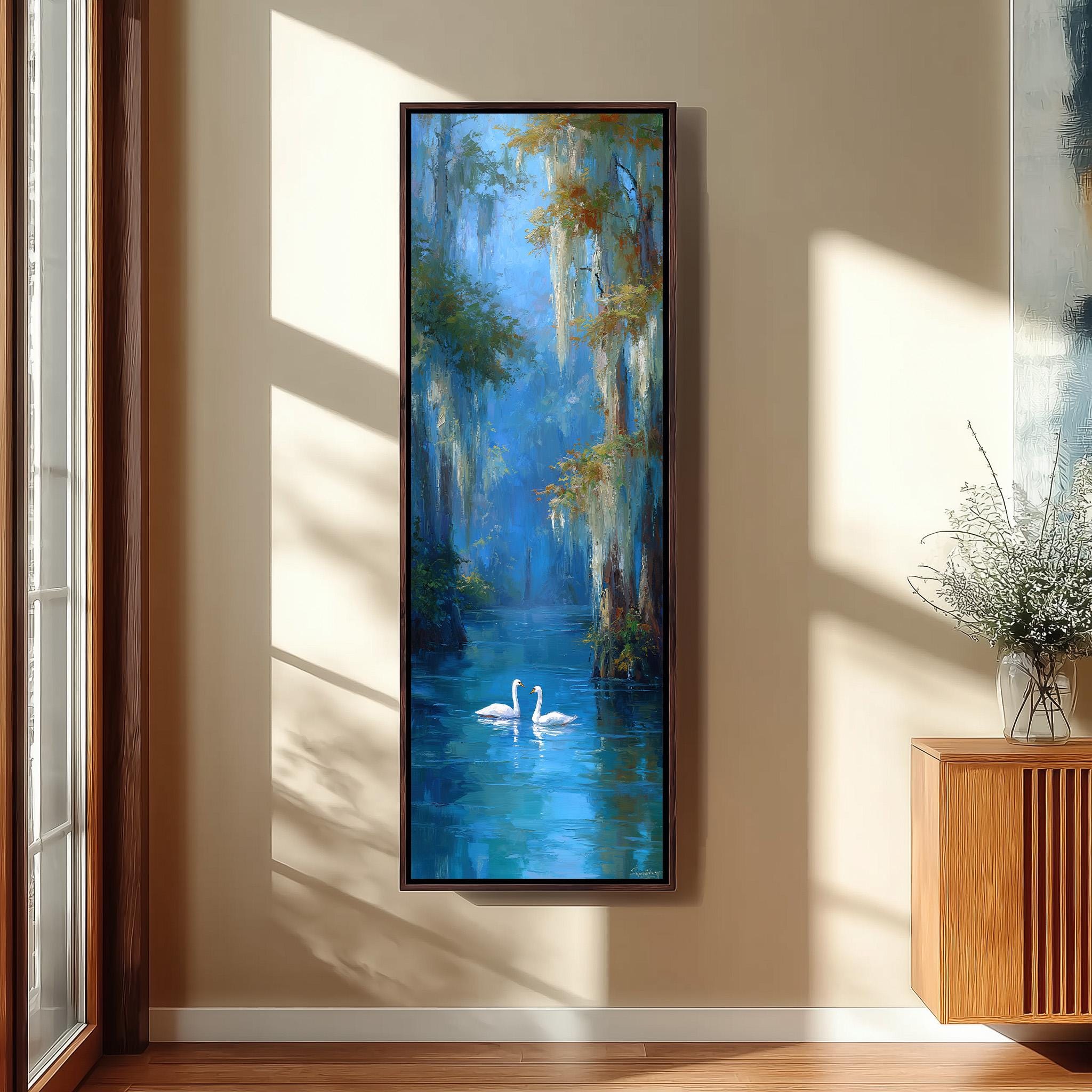 a large painting of two swans floating on a serene blue body of water, surrounded by lush greenery.