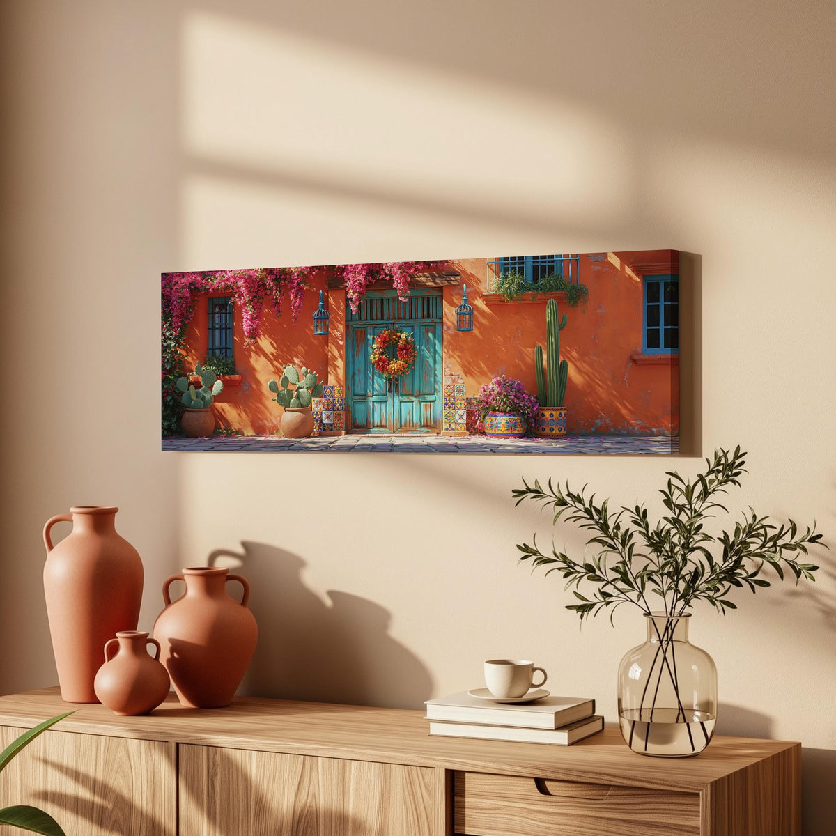 Adobe doorway with a wreath and cacti long horizontal canvas print above a wooden sideboard