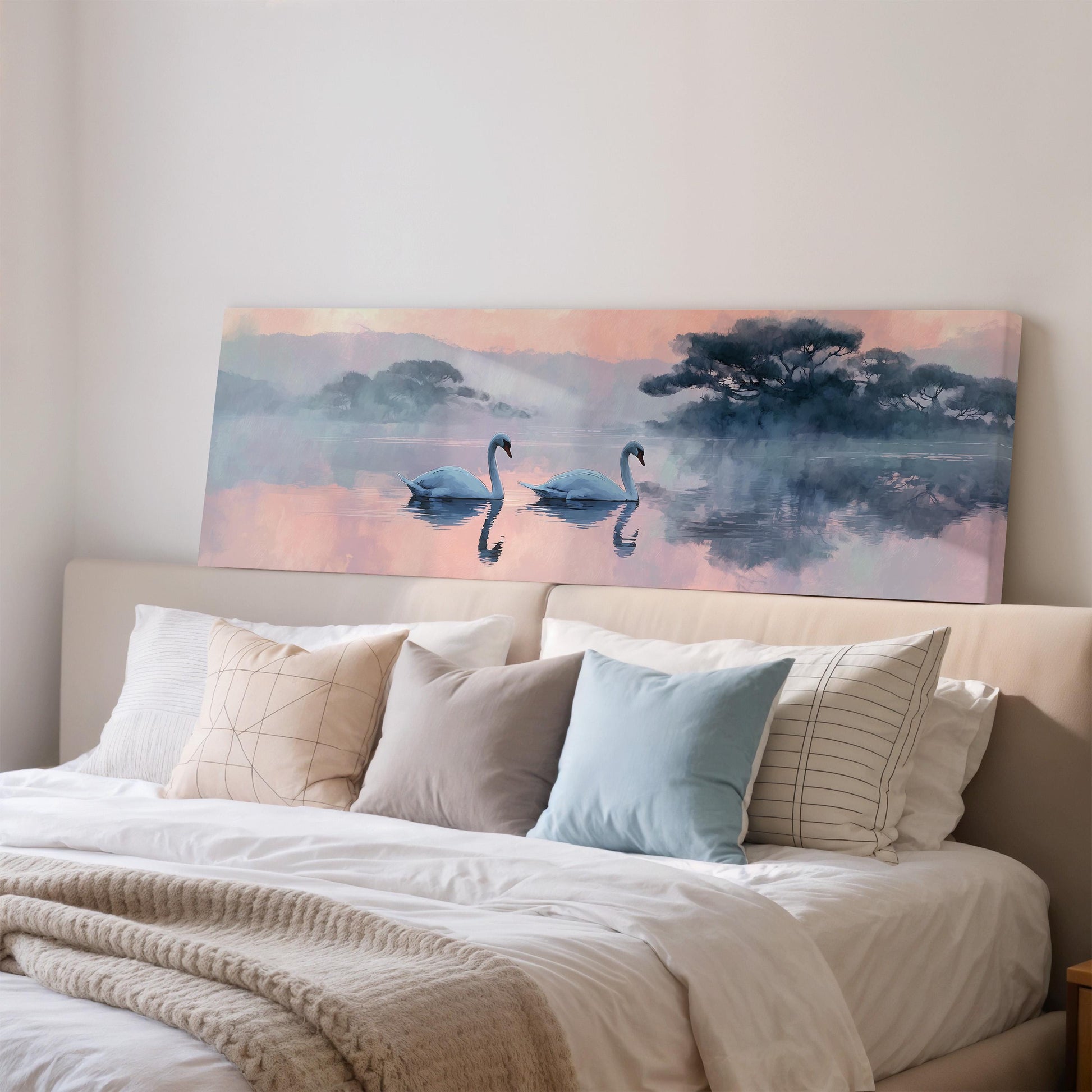 a large painting of two swans floating on a misty lake, with a serene and peaceful atmosphere.